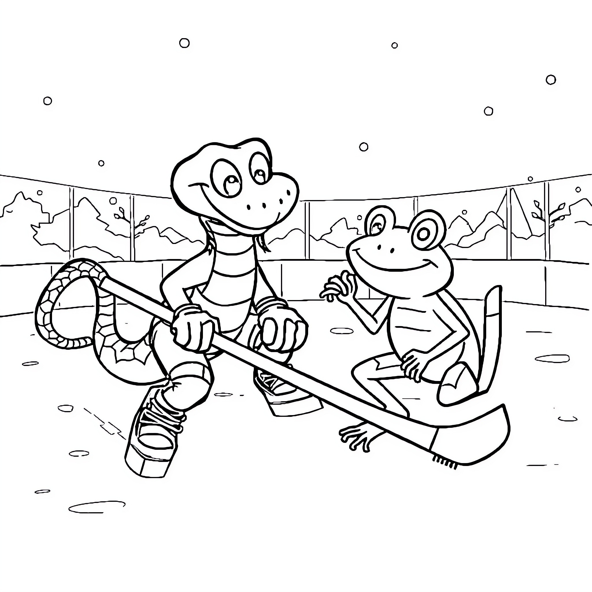 Snake and frog friends playing on a seesaw Coloring Page (free black-and-white line drawing printable PDF for all, from beginners to advanced learners, including children, teens, adults, and seniors)