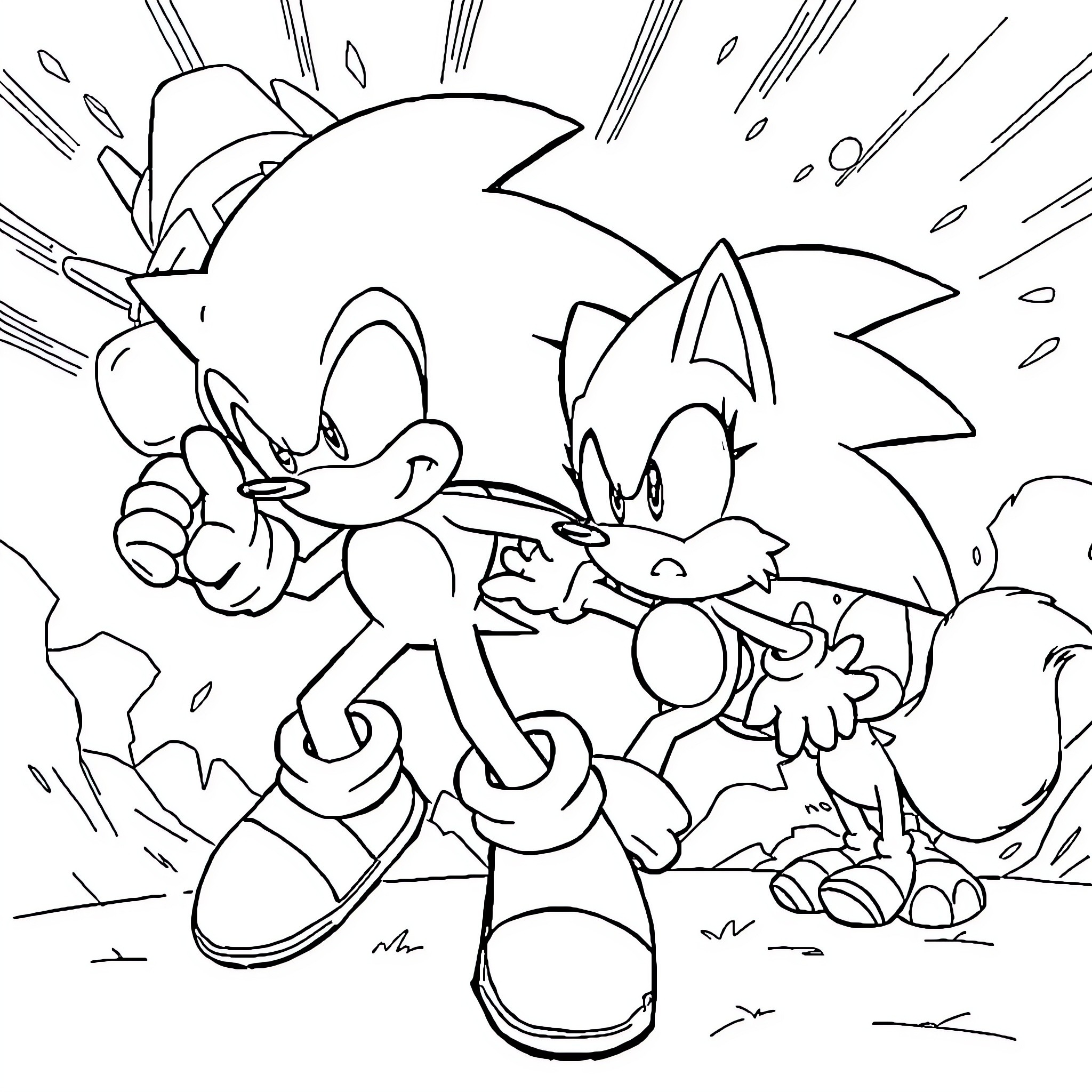 Sonic and Friends in Action-Packed Adventure Coloring Page (free black-and-white line drawing printable PDF for all, from beginners to advanced learners, including children, teens, adults, and seniors)