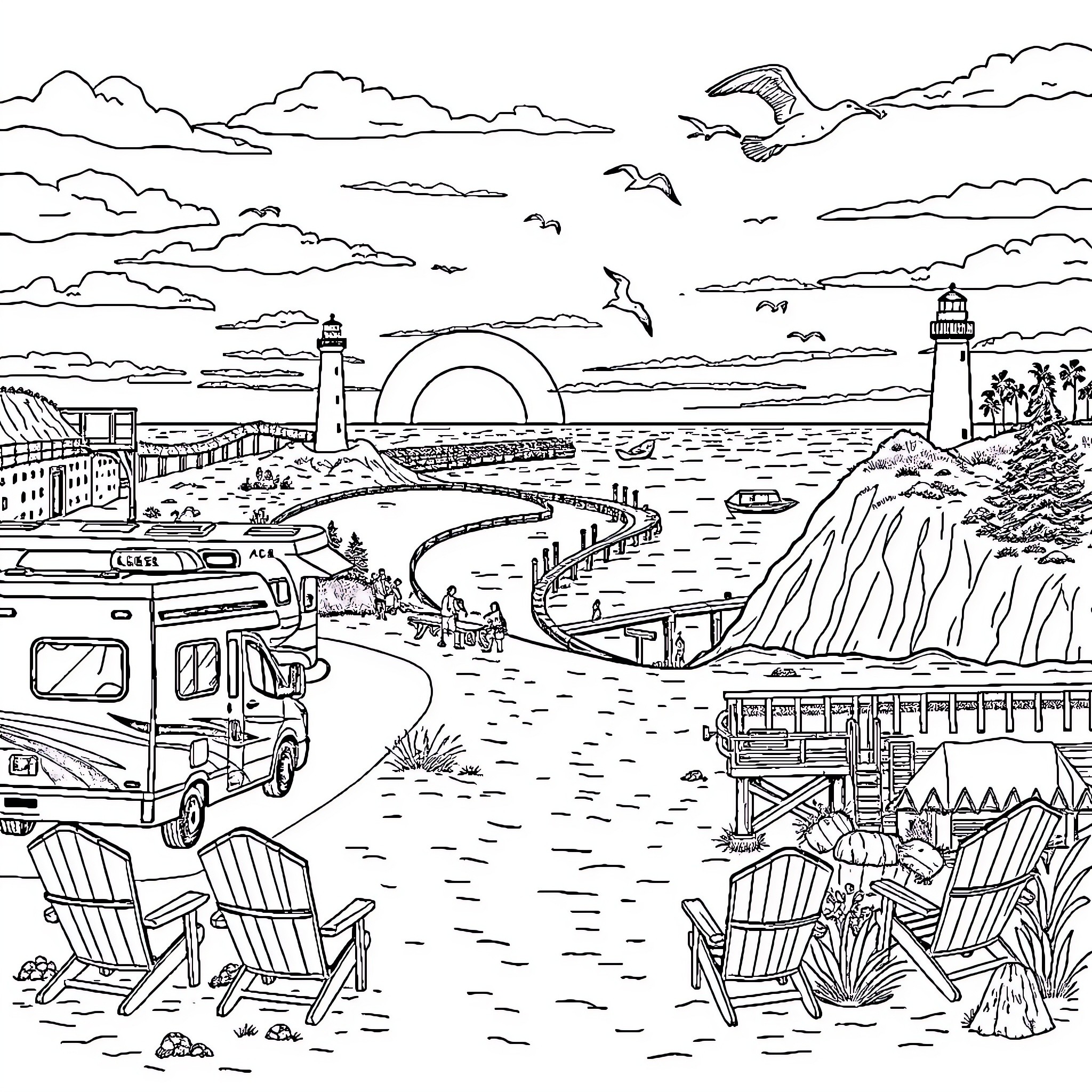 Motorhome adventure along scenic coastal landscape Coloring Page (free black-and-white line drawing printable PDF for all, from beginners to advanced learners, including children, teens, adults, and seniors)