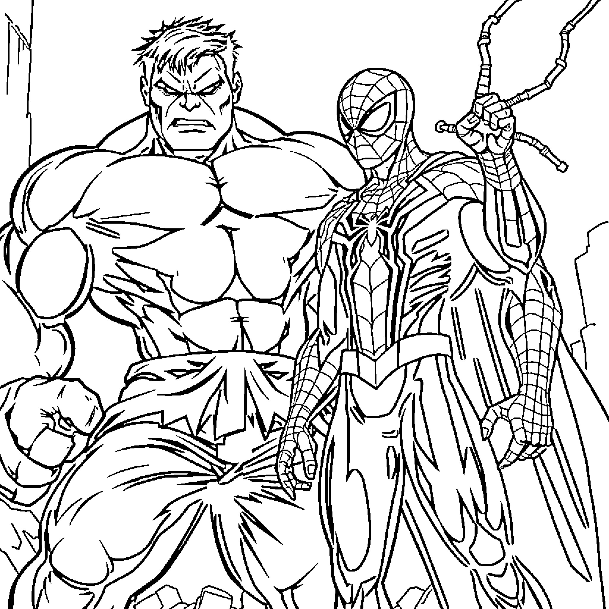 Hulk and Spider-Man in action-packed heroic pose Coloring Page (free black-and-white line drawing printable PDF for all, from beginners to advanced learners, including children, teens, adults, and seniors)