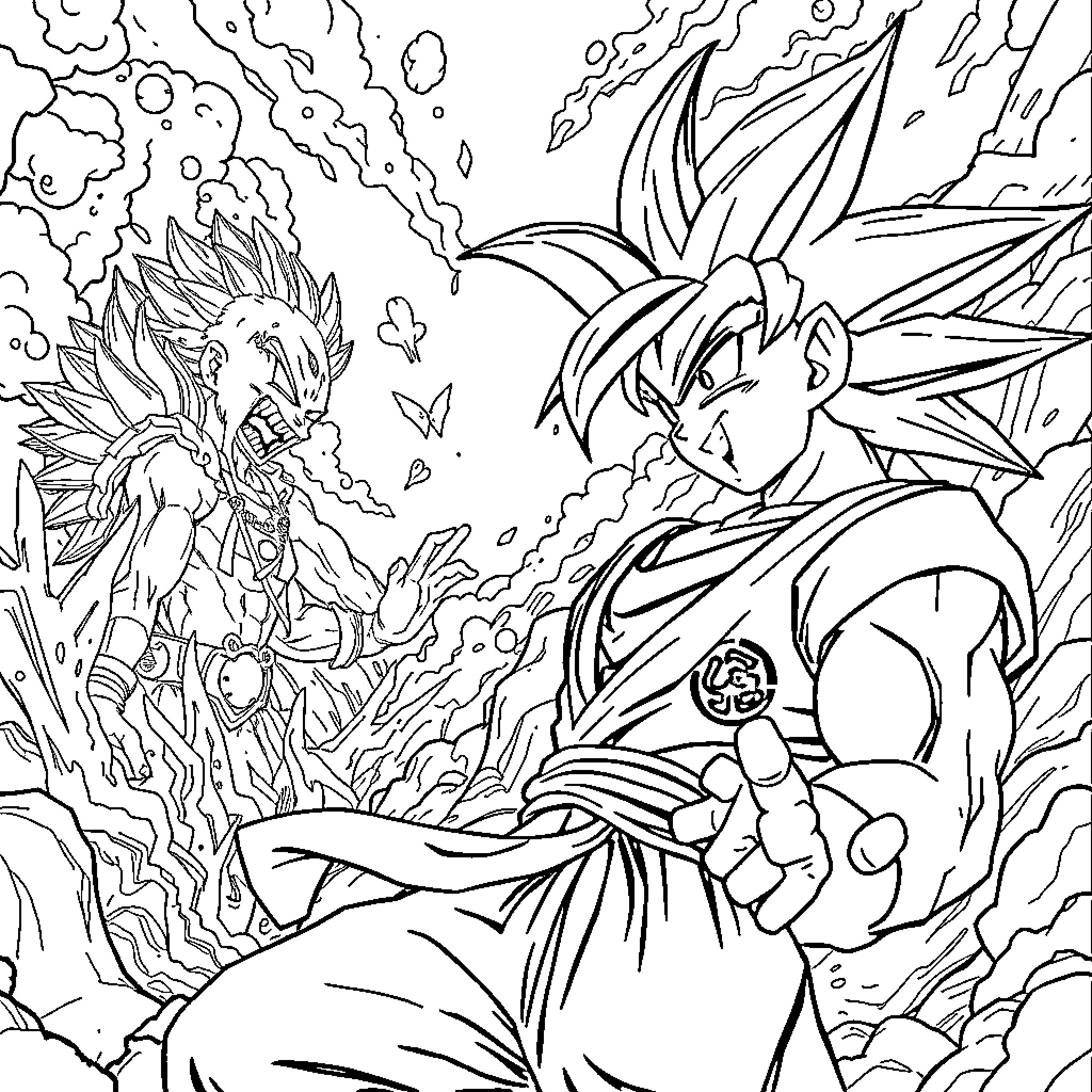 Dragon Ball Z: Epic Battle of Fierce Fighters Coloring Page (free black-and-white line drawing printable PDF for all, from beginners to advanced learners, including children, teens, adults, and seniors)