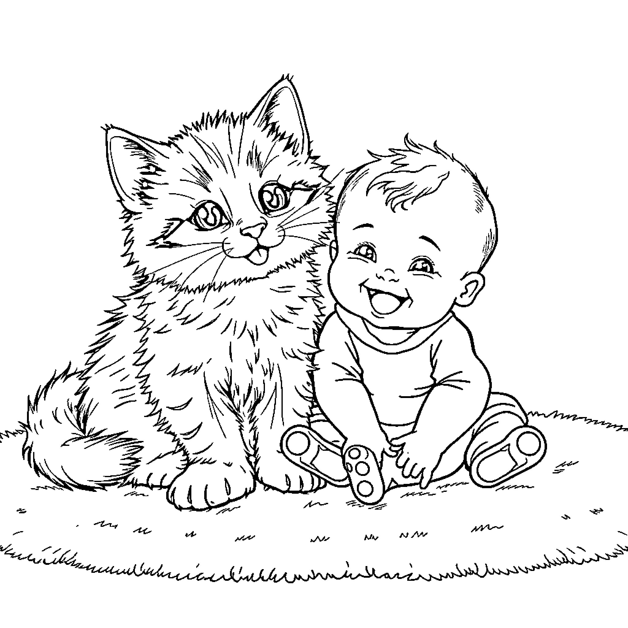 Kitten Playing with Baby on the Grass Coloring Page (free black-and-white line drawing printable PDF for all, from beginners to advanced learners, including children, teens, adults, and seniors)
