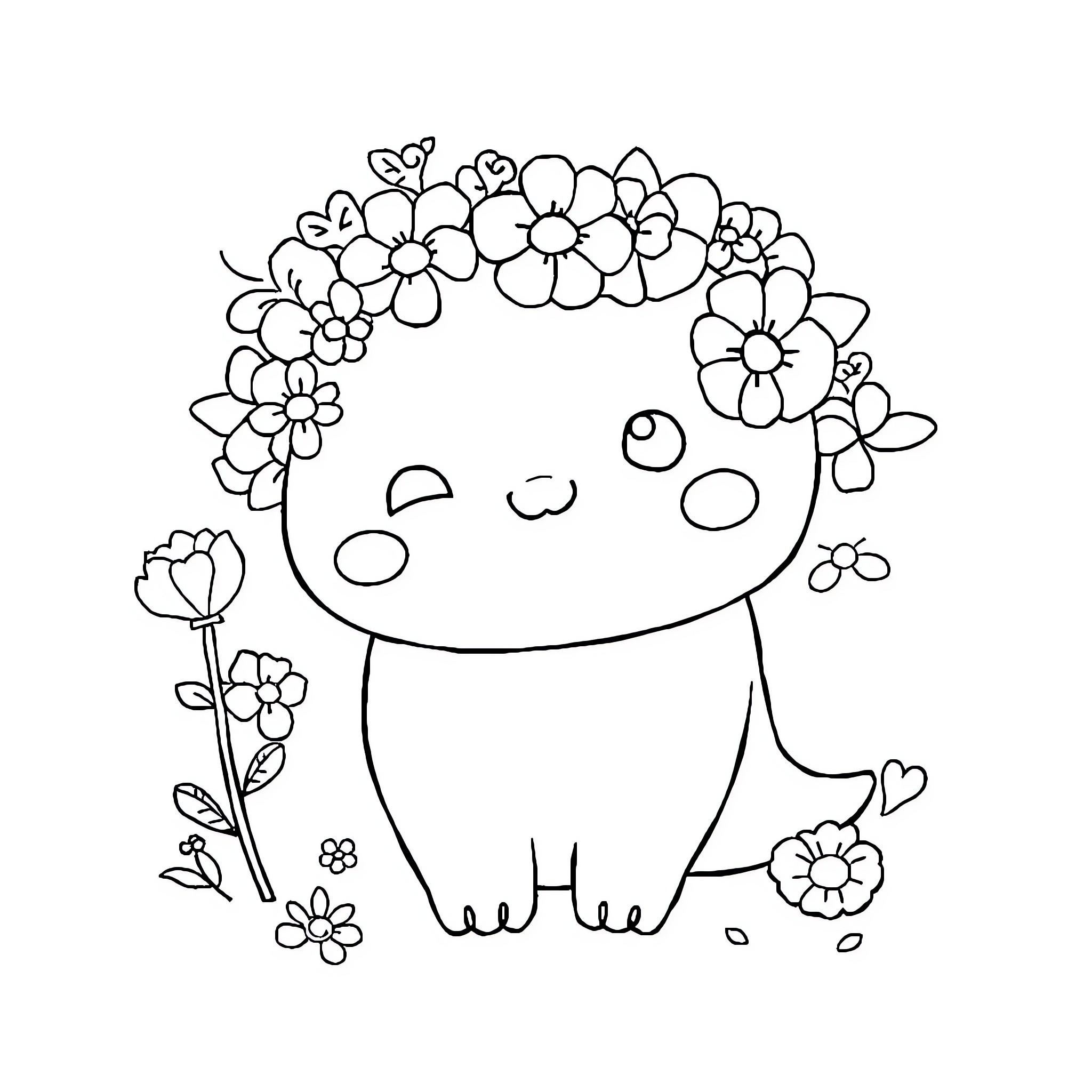 Kawaii Floral Creature with Playful Expression Coloring Page (free black-and-white line drawing printable PDF for all, from beginners to advanced learners, including children, teens, adults, and seniors)