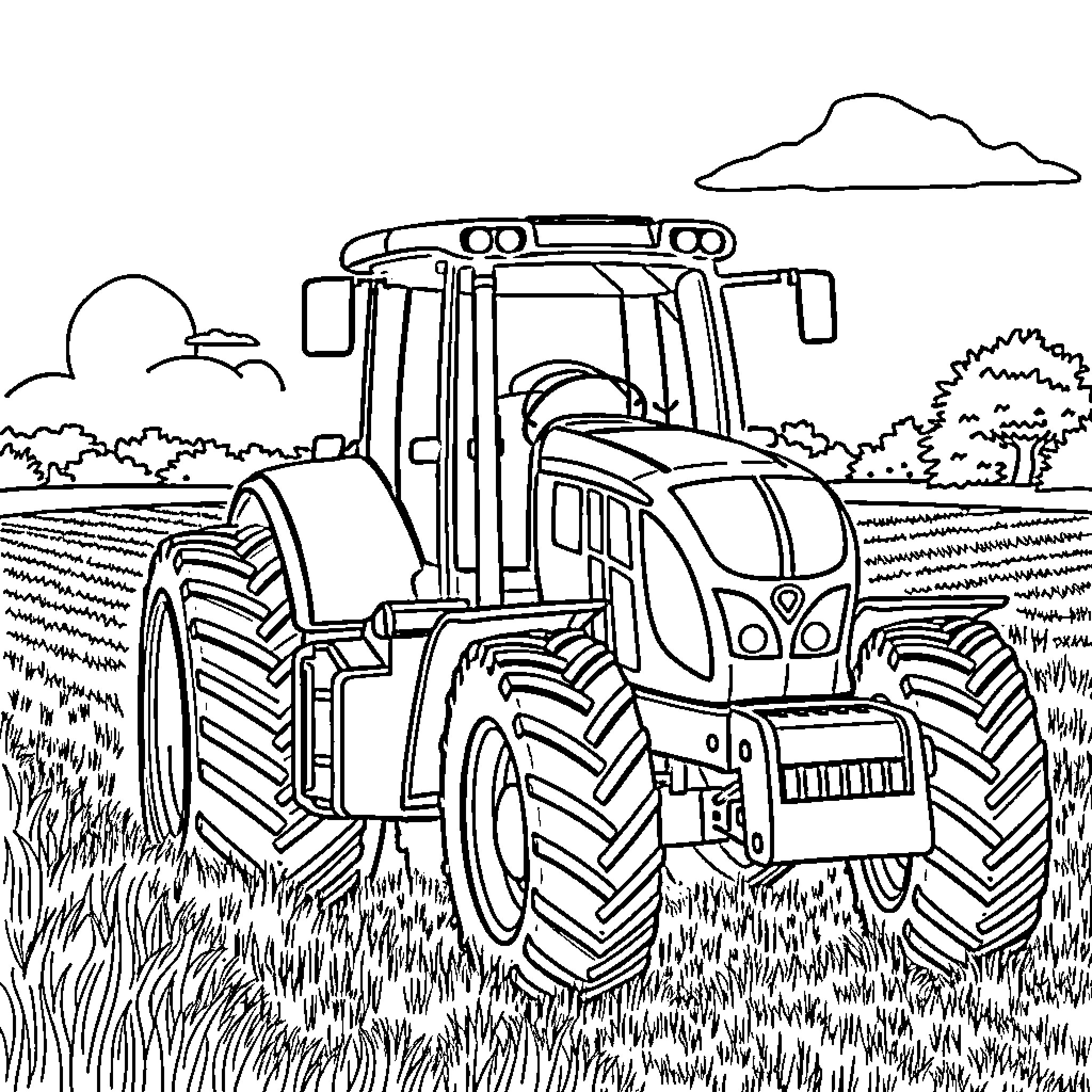 Tractor working in the countryside field Coloring Page (free black-and-white line drawing printable PDF for all, from beginners to advanced learners, including children, teens, adults, and seniors)
