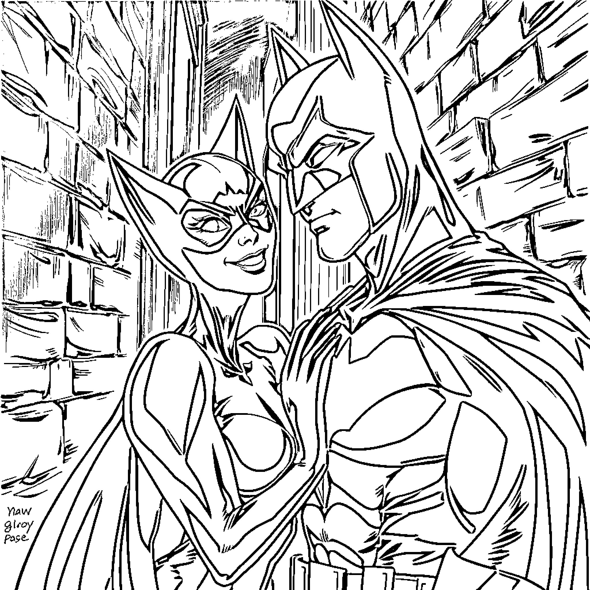 Catwoman and Batman in action pose Coloring Page (free black-and-white line drawing printable PDF for all, from beginners to advanced learners, including children, teens, adults, and seniors)