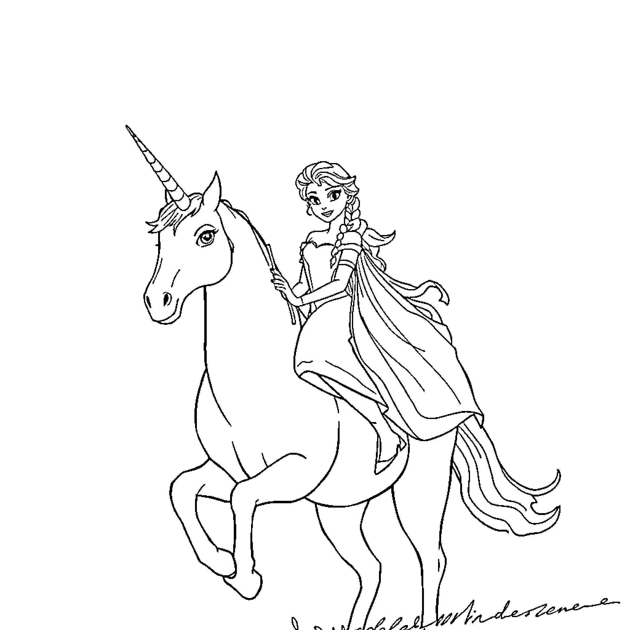 Princess riding a majestic unicorn in a dreamy scene Coloring Page (free black-and-white line drawing printable PDF for all, from beginners to advanced learners, including children, teens, adults, and seniors)