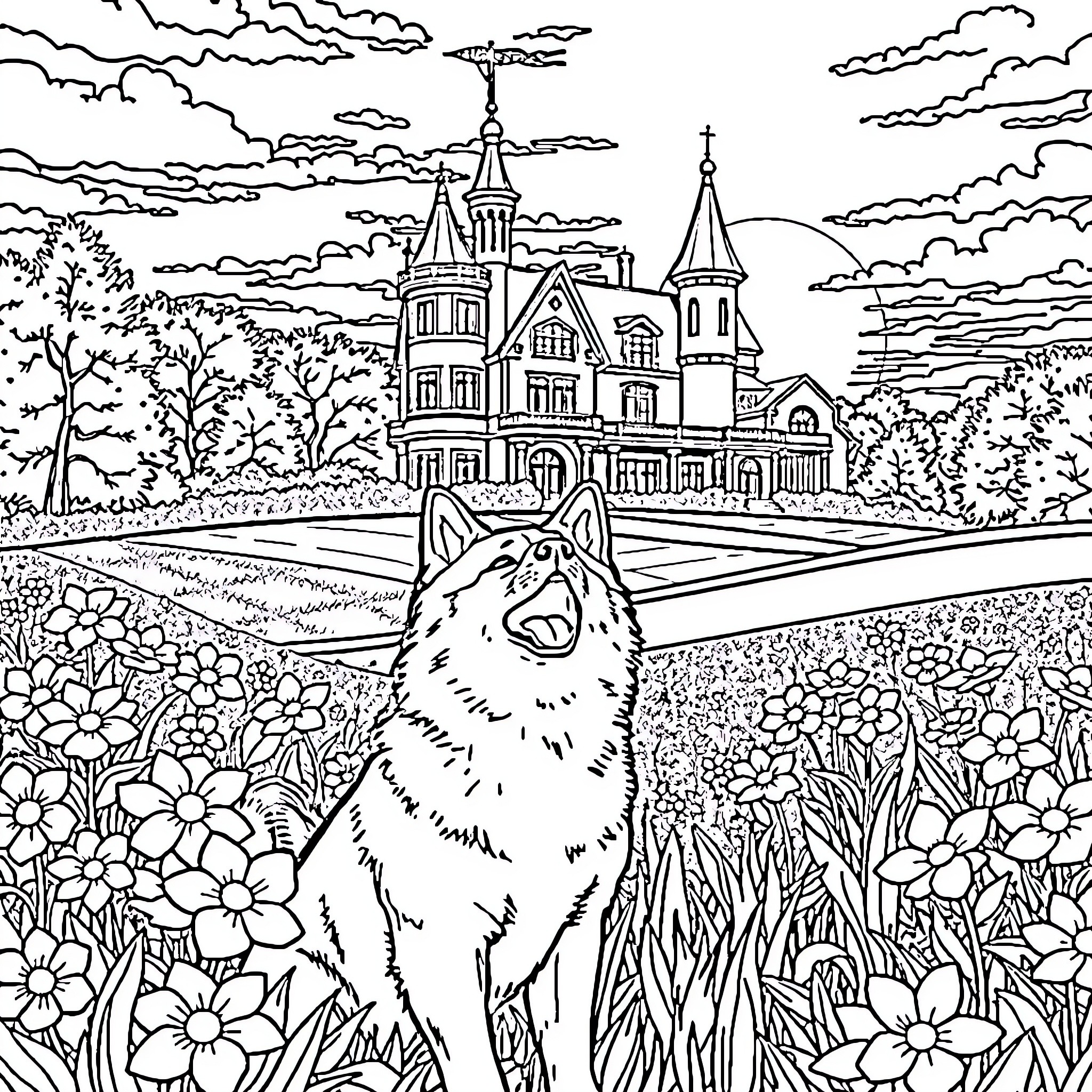 Dog sitting in a flower field by a castle Coloring Page (free black-and-white line drawing printable PDF for all, from beginners to advanced learners, including children, teens, adults, and seniors)