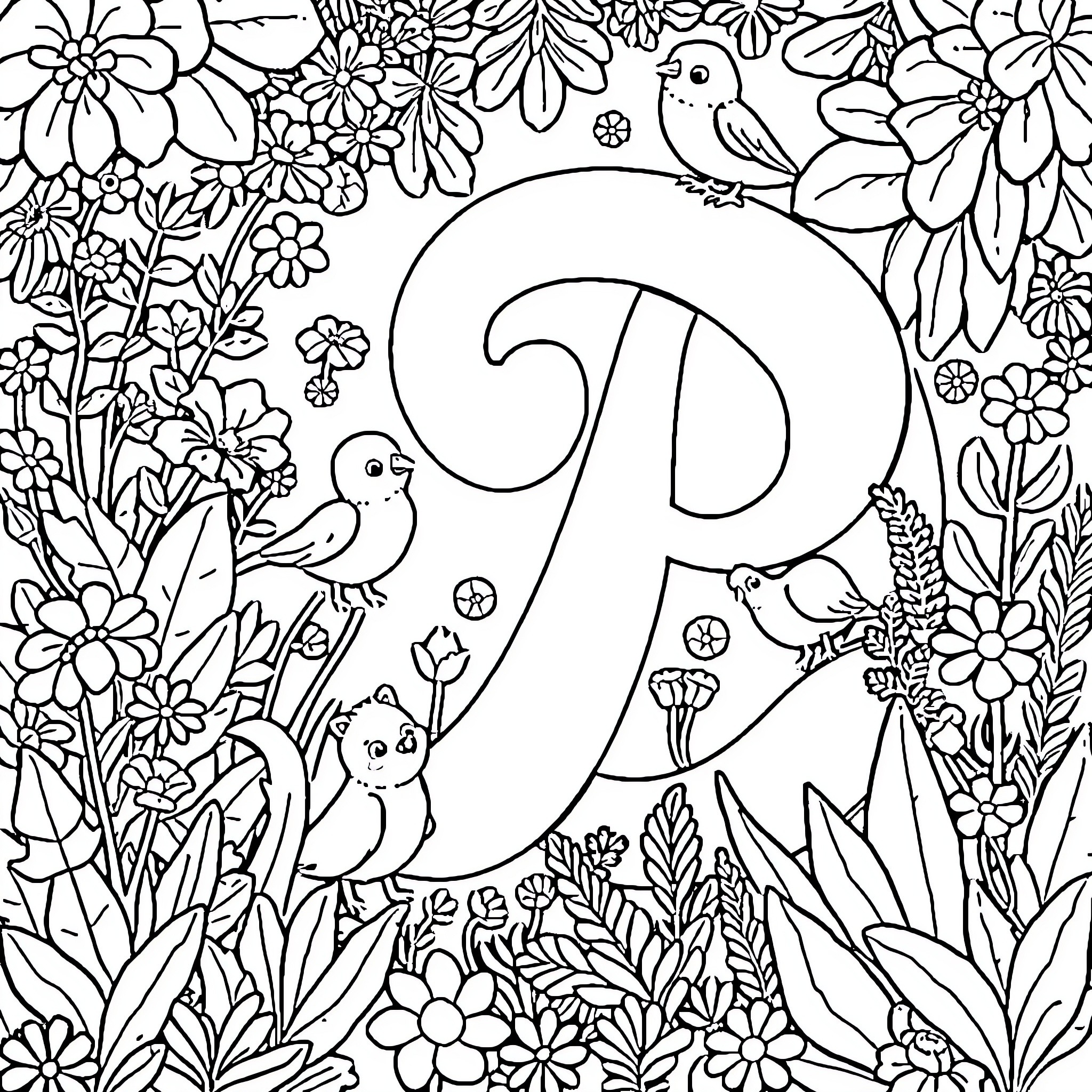 Bubble Letter P with floral patterns and birds Coloring Page (free black-and-white line drawing printable PDF for all, from beginners to advanced learners, including children, teens, adults, and seniors)