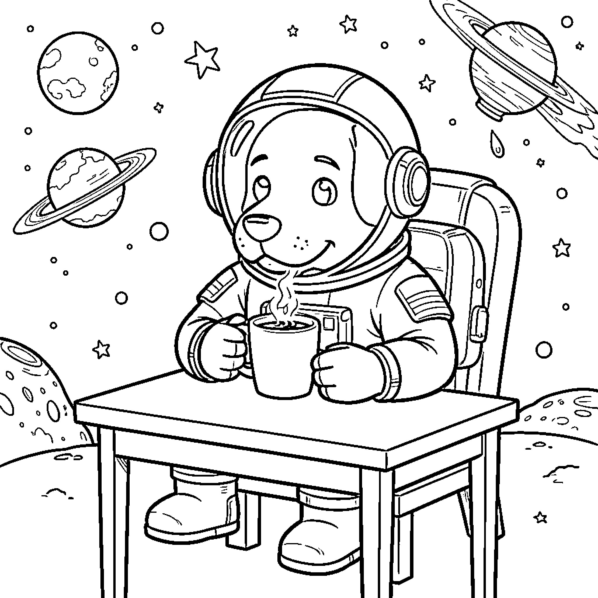 Perro astronaut enjoying hot drink in space Coloring Page (free black-and-white line drawing printable PDF for all, from beginners to advanced learners, including children, teens, adults, and seniors)