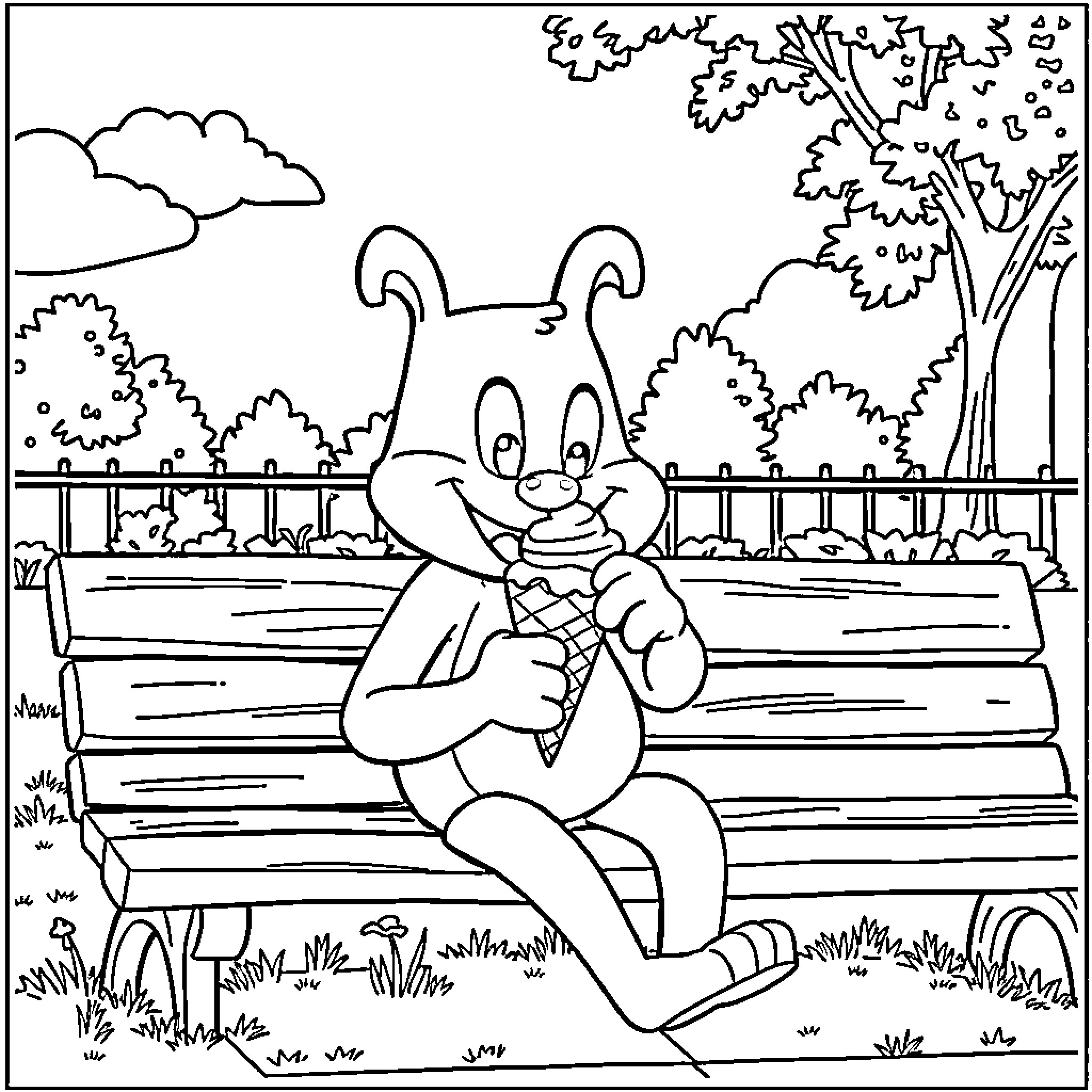 Bluey enjoying a sunny day on a park bench Coloring Page (free black-and-white line drawing printable PDF for all, from beginners to advanced learners, including children, teens, adults, and seniors)