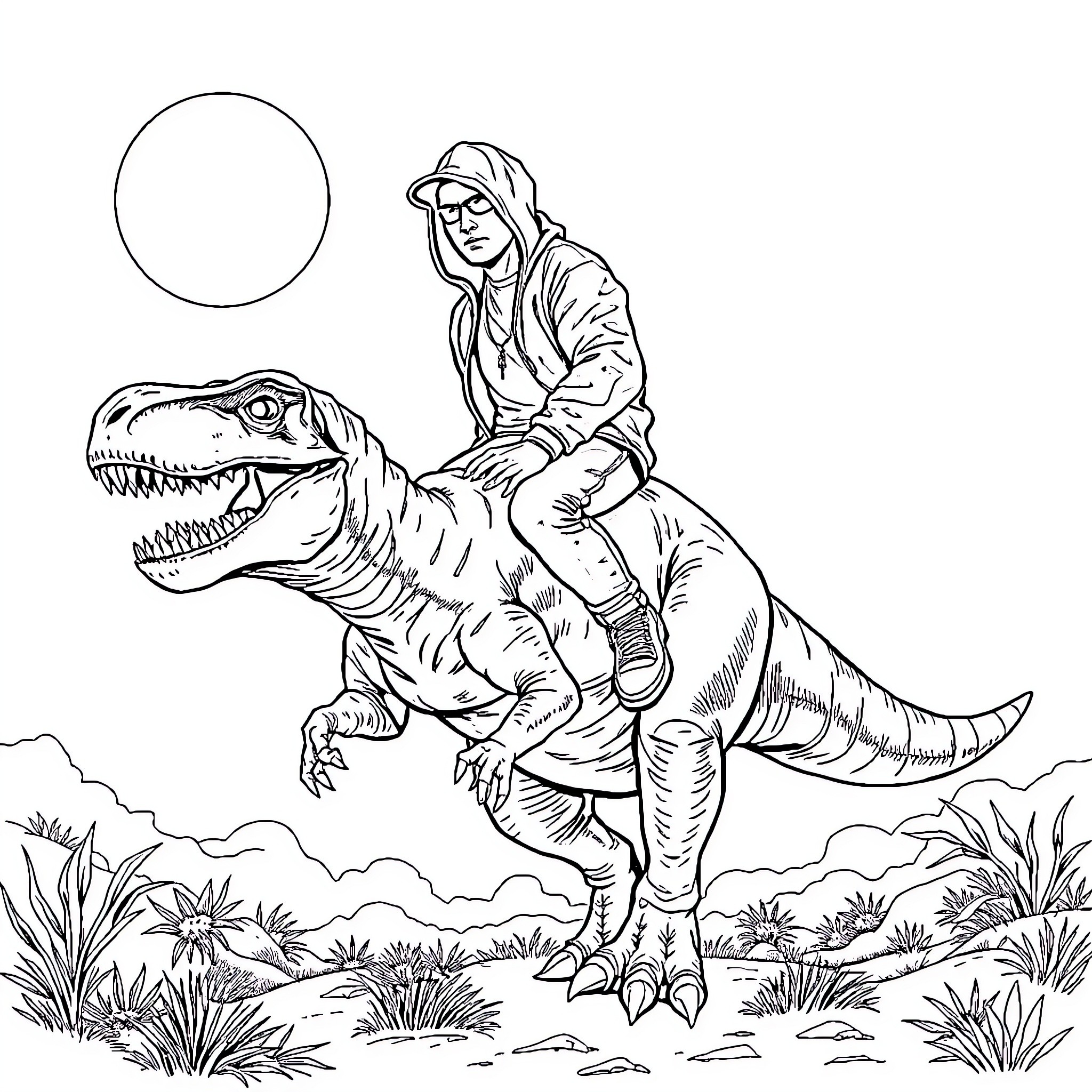 Eminem riding a fearsome T-Rex in a lush landscape Coloring Page (free black-and-white line drawing printable PDF for all, from beginners to advanced learners, including children, teens, adults, and seniors)