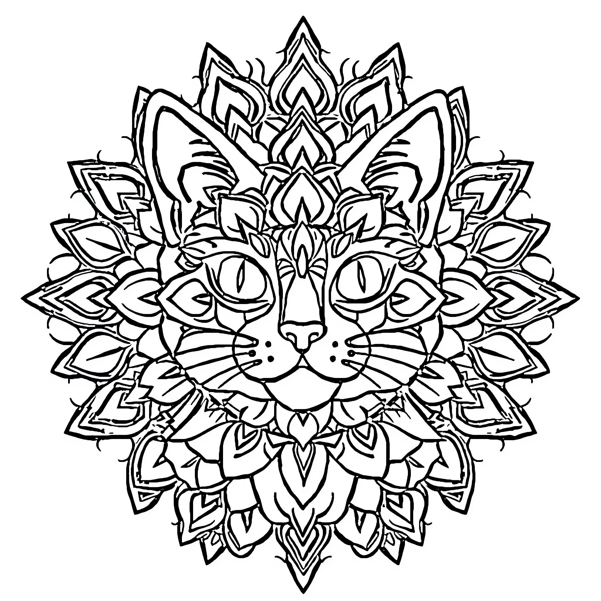 Cat Mandala Art Illustration Coloring Page (free black-and-white line drawing printable PDF for all, from beginners to advanced learners, including children, teens, adults, and seniors)