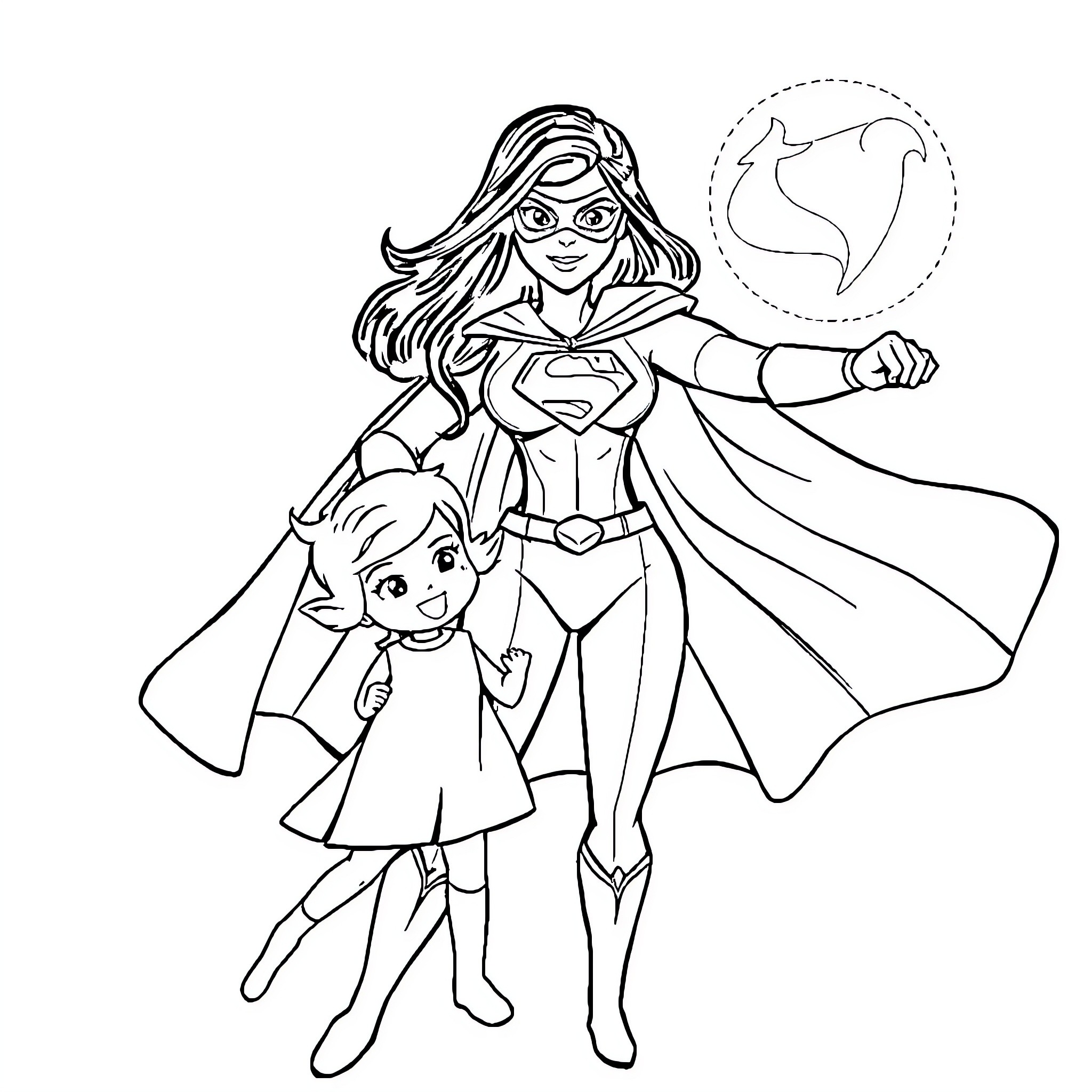 Mother and daughter superhero costume Coloring Page (free black-and-white line drawing printable PDF for all, from beginners to advanced learners, including children, teens, adults, and seniors)
