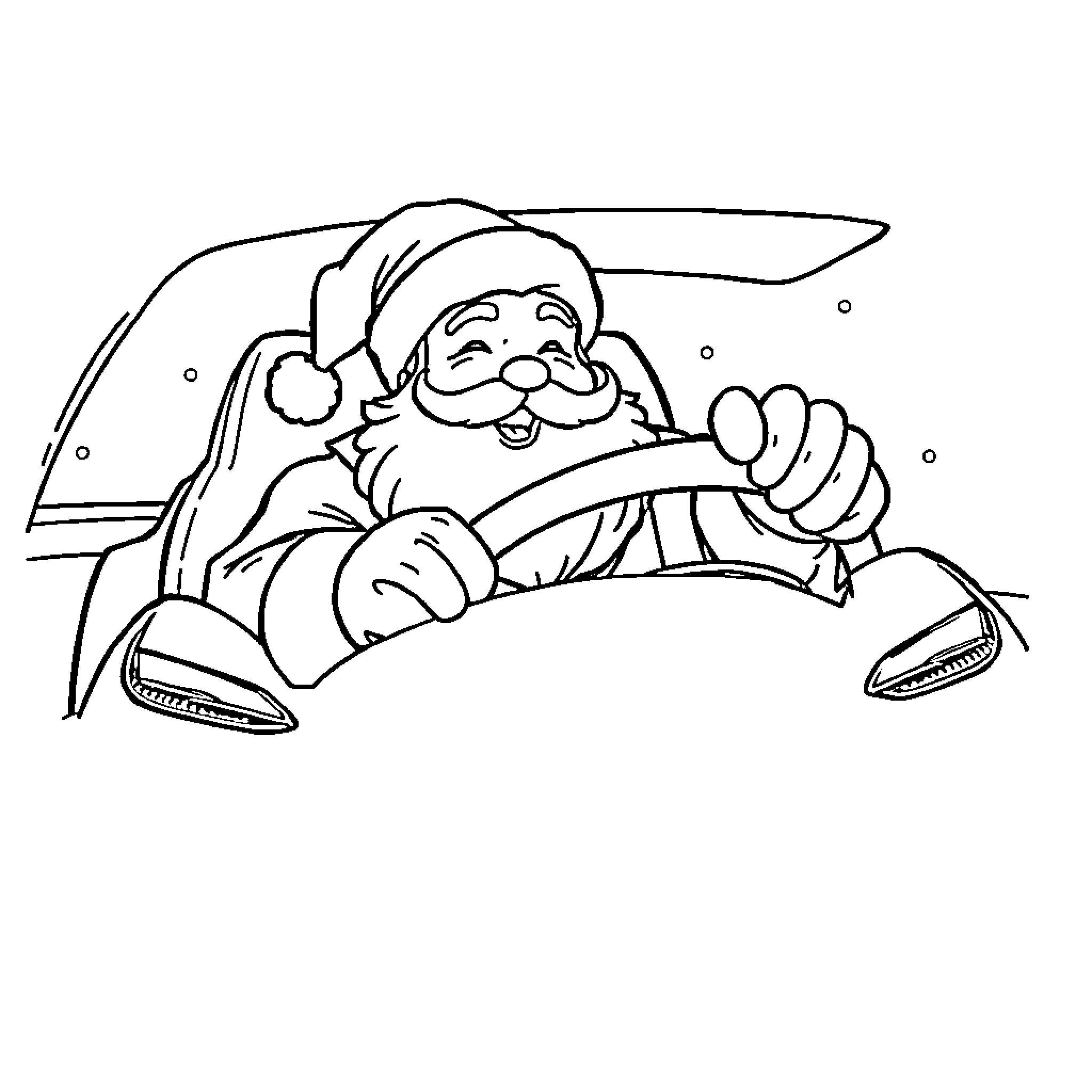 Santa driving a sleigh with a merry expression Coloring Page (free black-and-white line drawing printable PDF for all, from beginners to advanced learners, including children, teens, adults, and seniors)