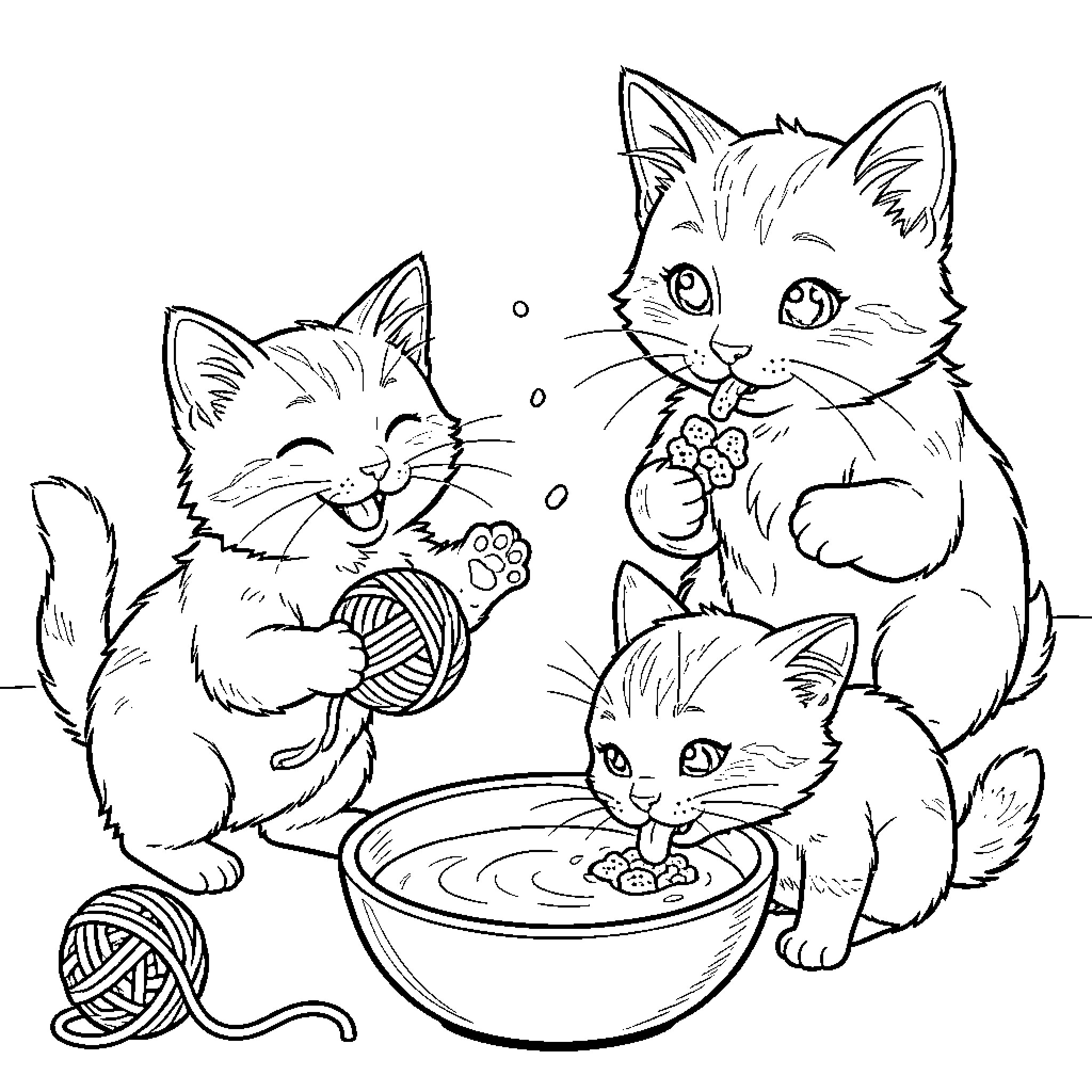 Kittens Playing with Yarn and Enjoying a Treat Coloring Page (free black-and-white line drawing printable PDF for all, from beginners to advanced learners, including children, teens, adults, and seniors)