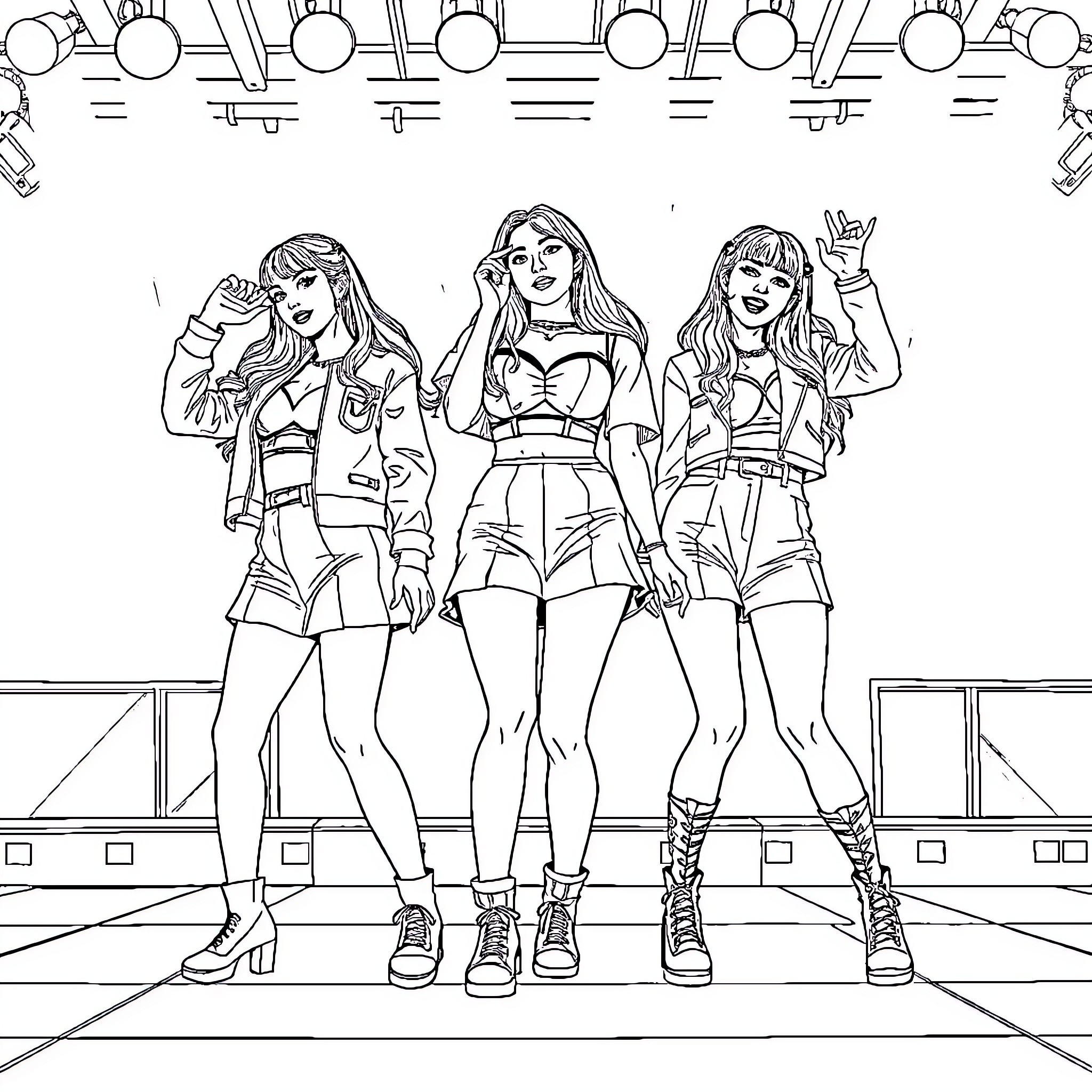 Rumi's bold and energetic girl group performance Coloring Page (free black-and-white line drawing printable PDF for all, from beginners to advanced learners, including children, teens, adults, and seniors)