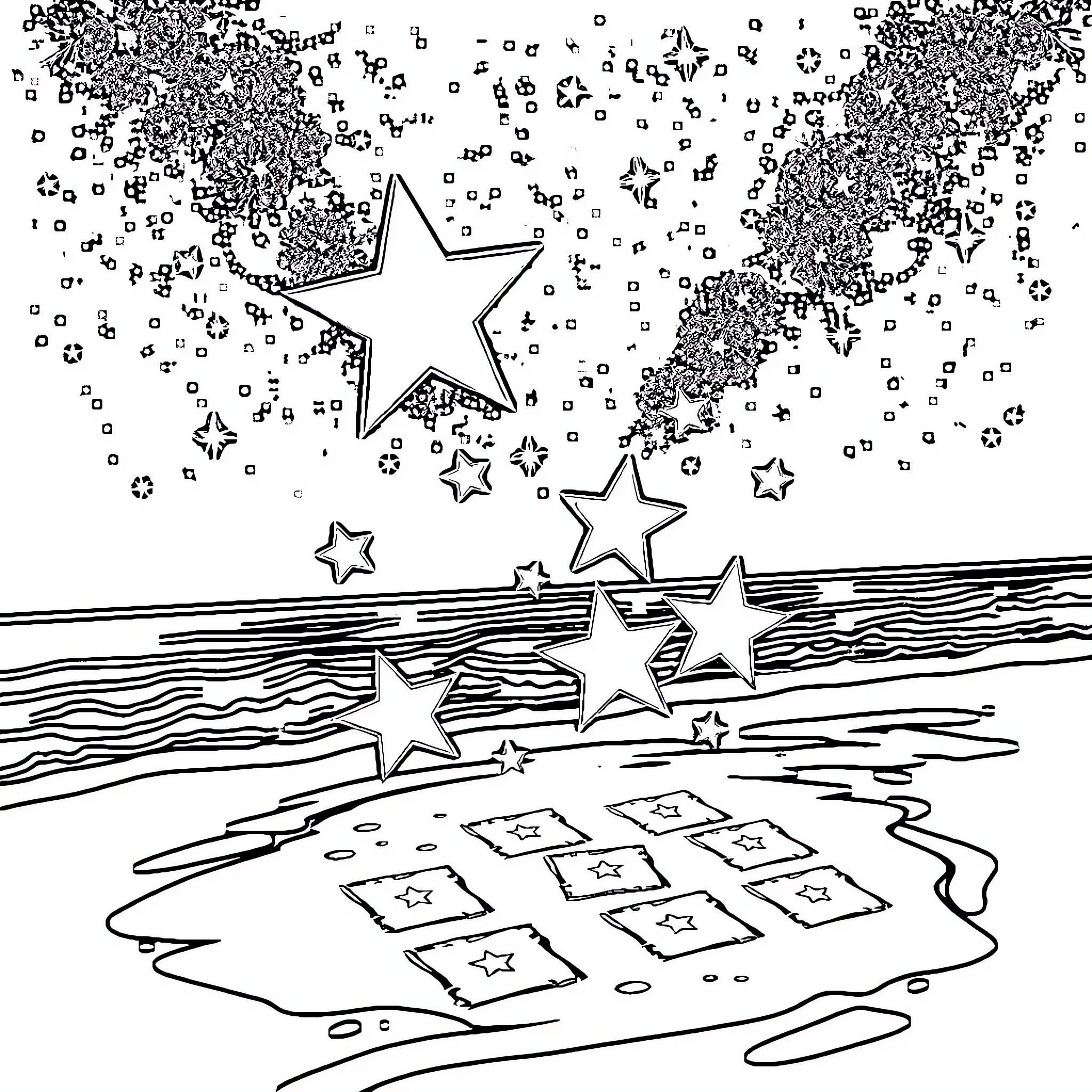 Star-filled Celestial Skies and Luminous Landscape Coloring Page (free black-and-white line drawing printable PDF for all, from beginners to advanced learners, including children, teens, adults, and seniors)