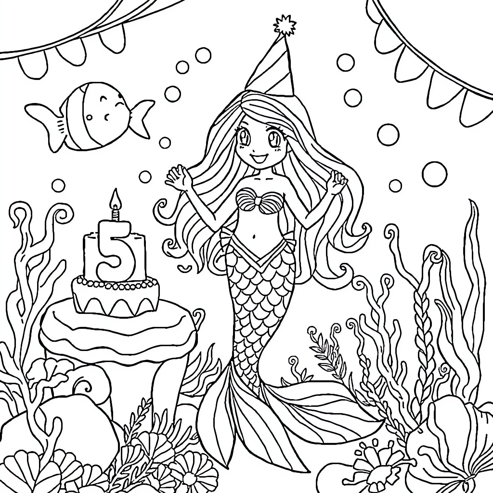 Mermaid celebrating birthday underwater with cake and friends Coloring Page (free black-and-white line drawing printable PDF for all, from beginners to advanced learners, including children, teens, adults, and seniors)