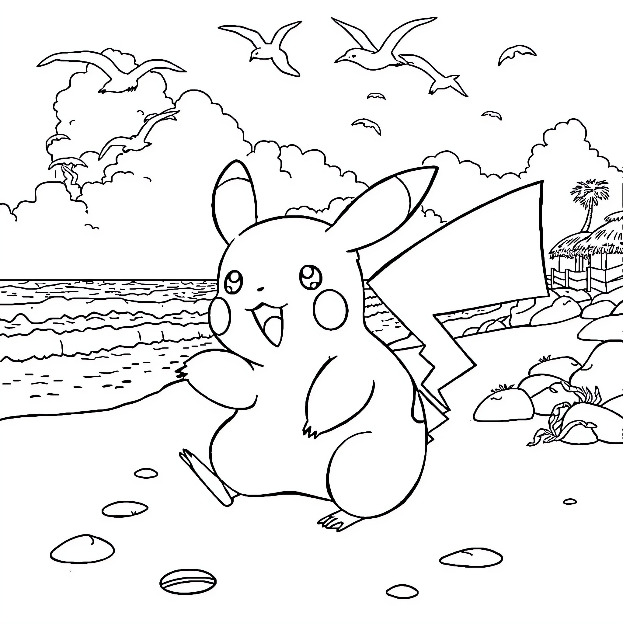Pikachu enjoying a day at the beach Coloring Page (free black-and-white line drawing printable PDF for all, from beginners to advanced learners, including children, teens, adults, and seniors)