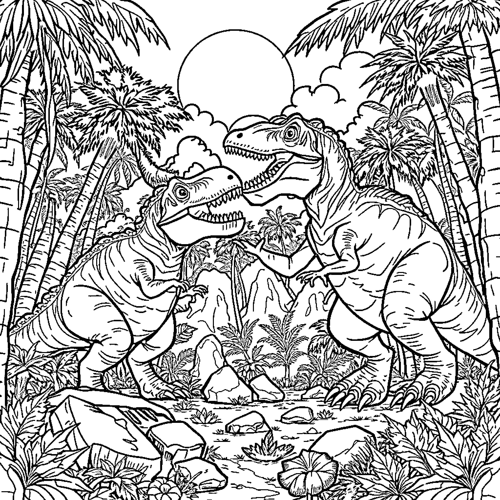 Dinosaurs in a Tropical Landscape Coloring Page (free black-and-white line drawing printable PDF for all, from beginners to advanced learners, including children, teens, adults, and seniors)