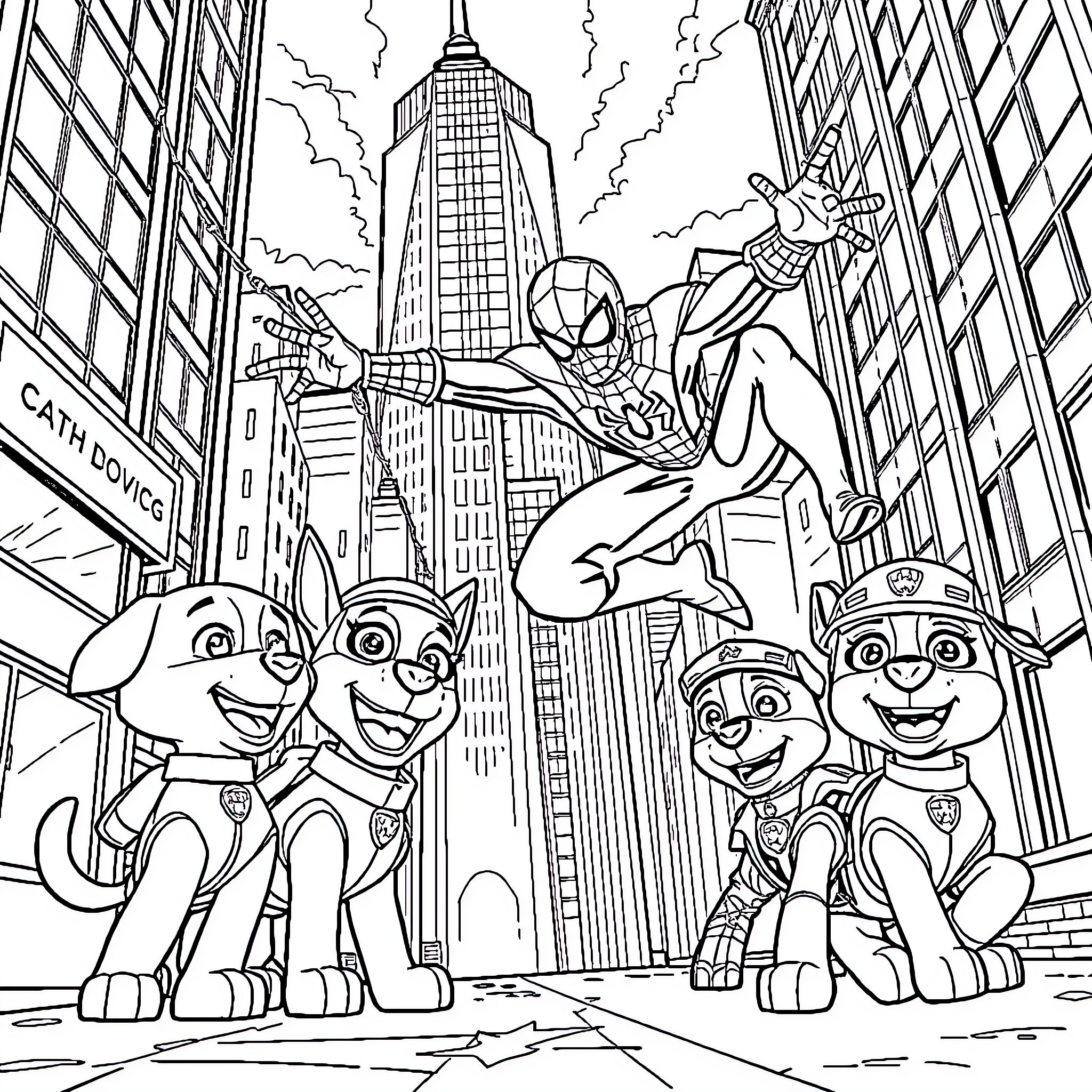 Spider-Man swinging through the city with puppy sidekicks Coloring Page (free black-and-white line drawing printable PDF for all, from beginners to advanced learners, including children, teens, adults, and seniors)