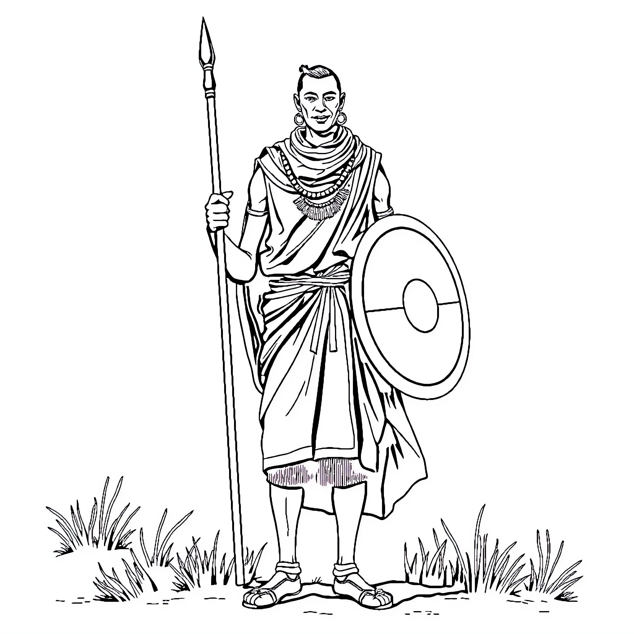 Warrior standing tall with spear and shield Coloring Page (free black-and-white line drawing printable PDF for all, from beginners to advanced learners, including children, teens, adults, and seniors)