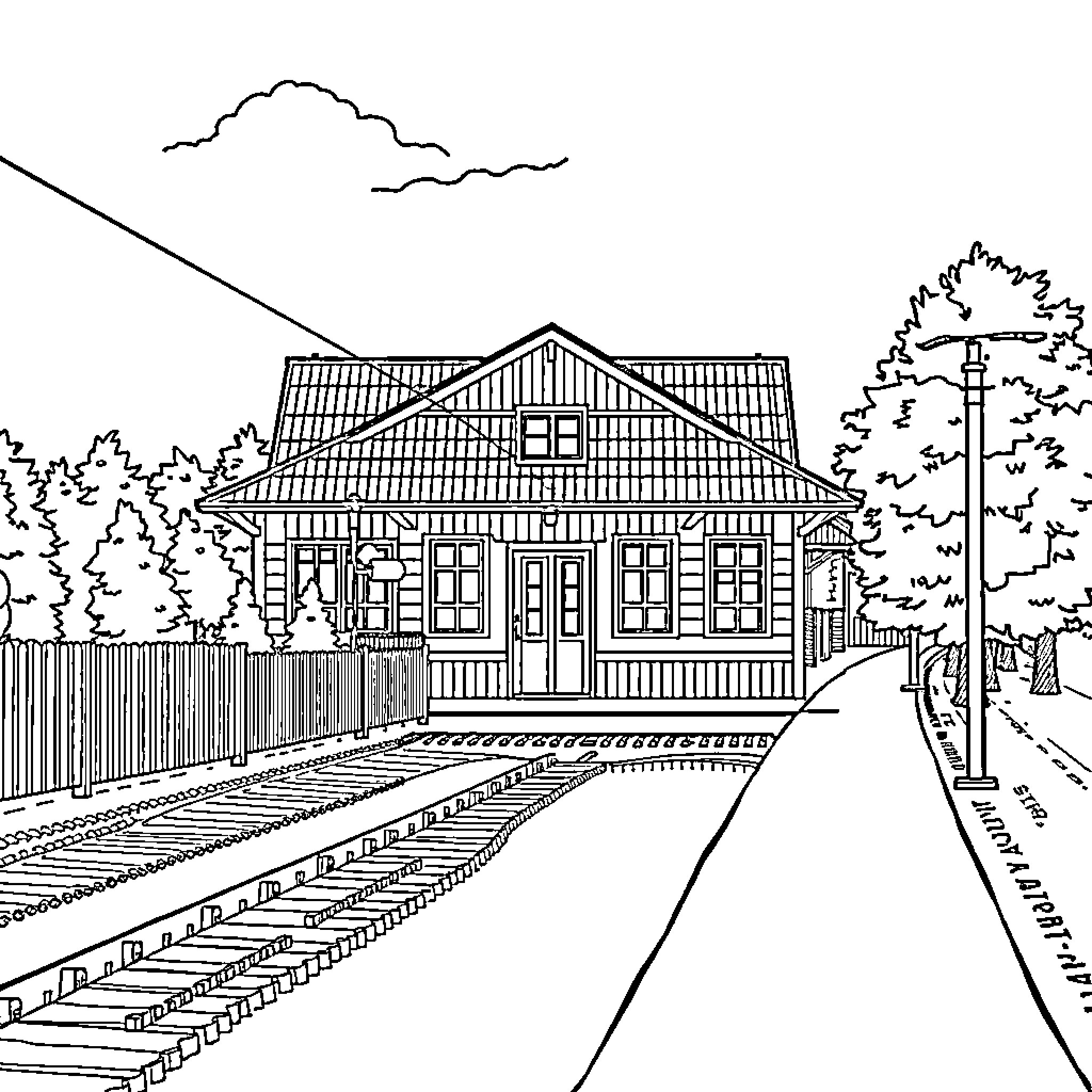 Avedøre Station: Rustic Wooden Building on Forested Path Coloring Page (free black-and-white line drawing printable PDF for all, from beginners to advanced learners, including children, teens, adults, and seniors)
