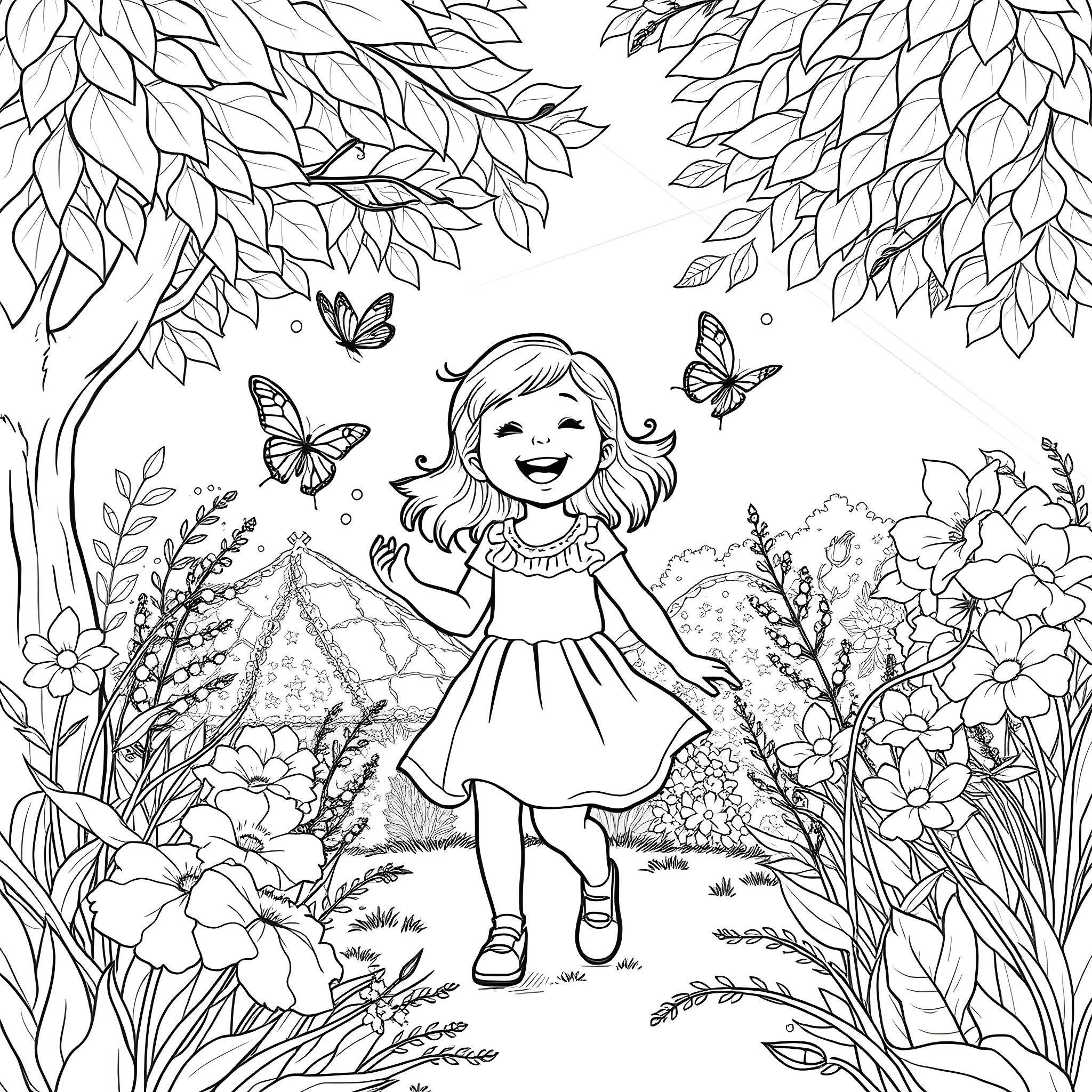 Girl Enjoying Nature with Butterflies Coloring Page (free black-and-white line drawing printable PDF for all, from beginners to advanced learners, including children, teens, adults, and seniors)