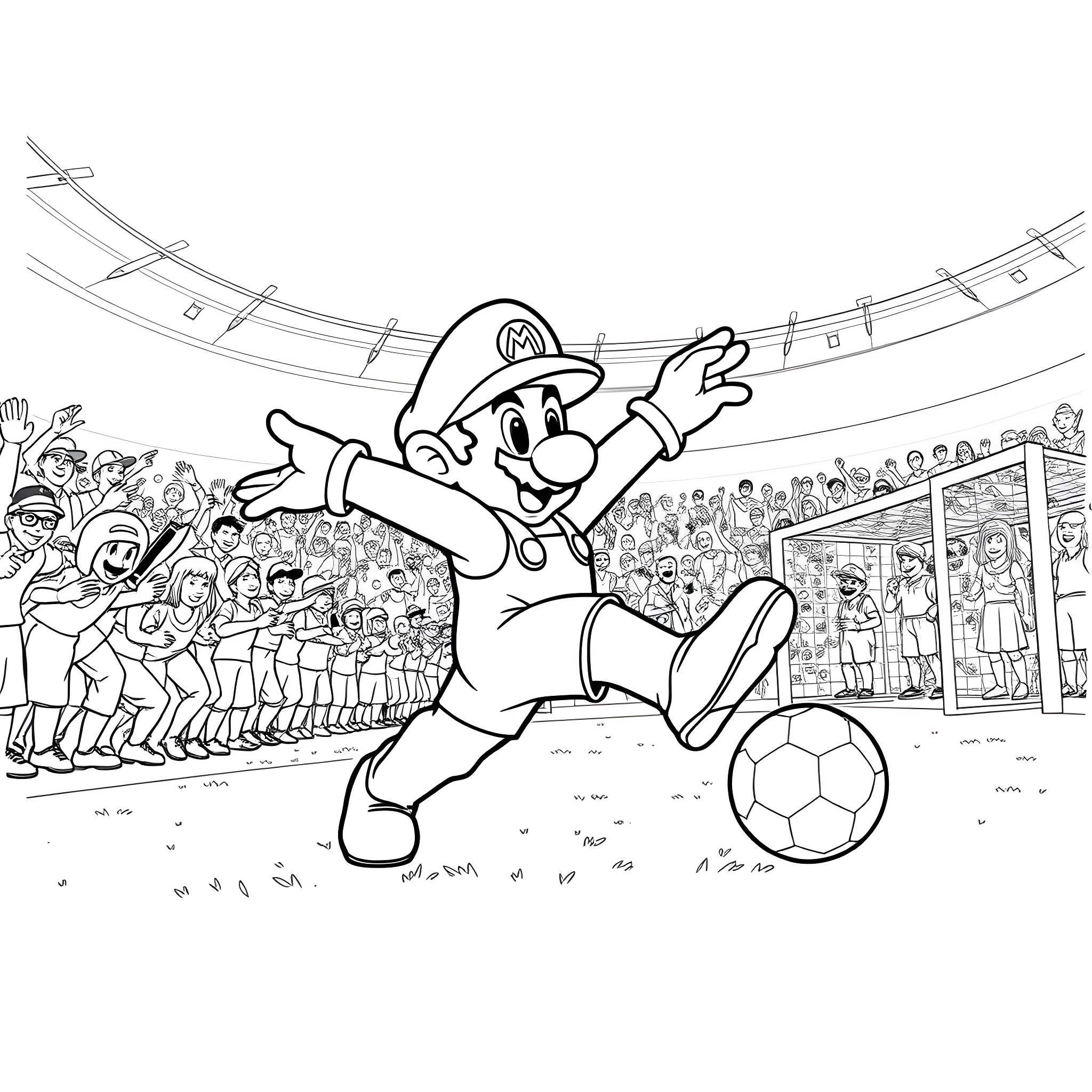 Mario kicking a soccer ball on the field Coloring Page (free black-and-white line drawing printable PDF for all, from beginners to advanced learners, including children, teens, adults, and seniors)