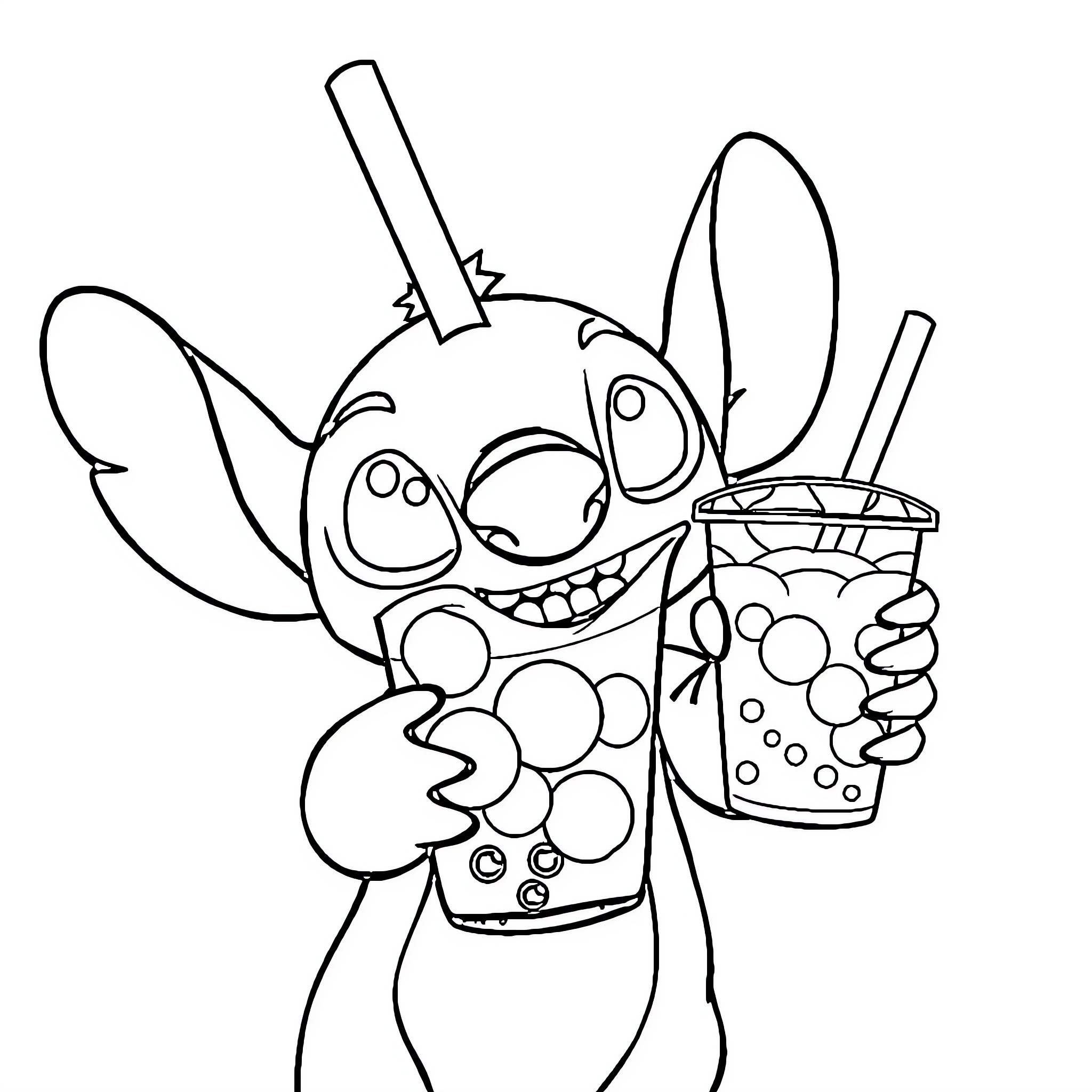 Stitch enjoys a delightful beverage Coloring Page (free black-and-white line drawing printable PDF for all, from beginners to advanced learners, including children, teens, adults, and seniors)