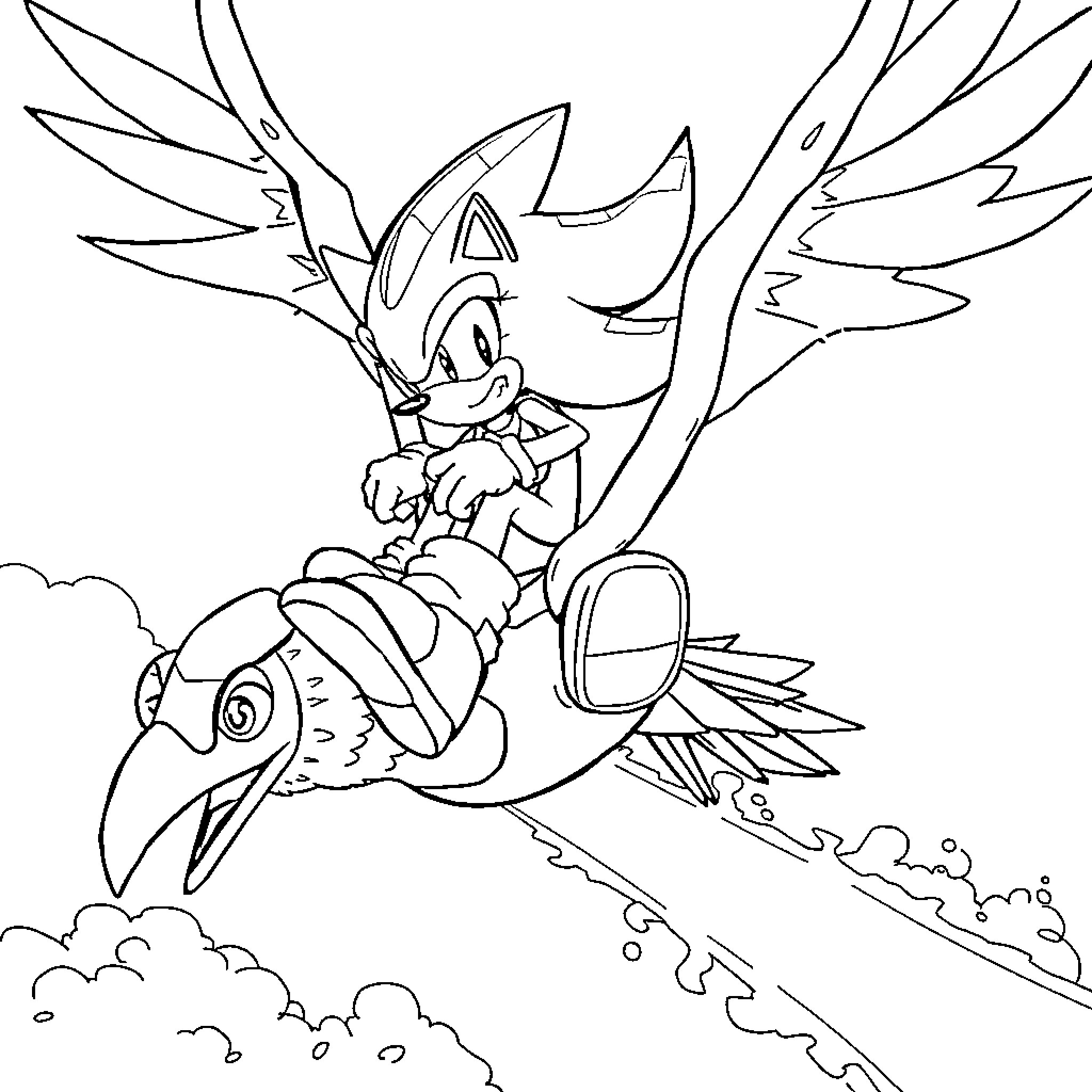 Shadow of Sonic the Hedgehog riding a mythical creature Coloring Page (free black-and-white line drawing printable PDF for all, from beginners to advanced learners, including children, teens, adults, and seniors)