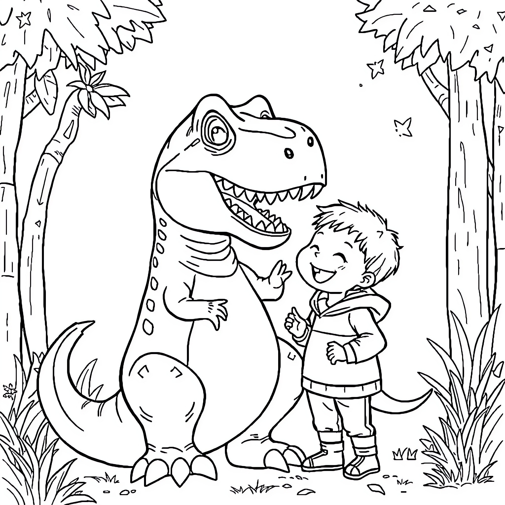 T-Rex playing with happy child in the forest Coloring Page (free black-and-white line drawing printable PDF for all, from beginners to advanced learners, including children, teens, adults, and seniors)