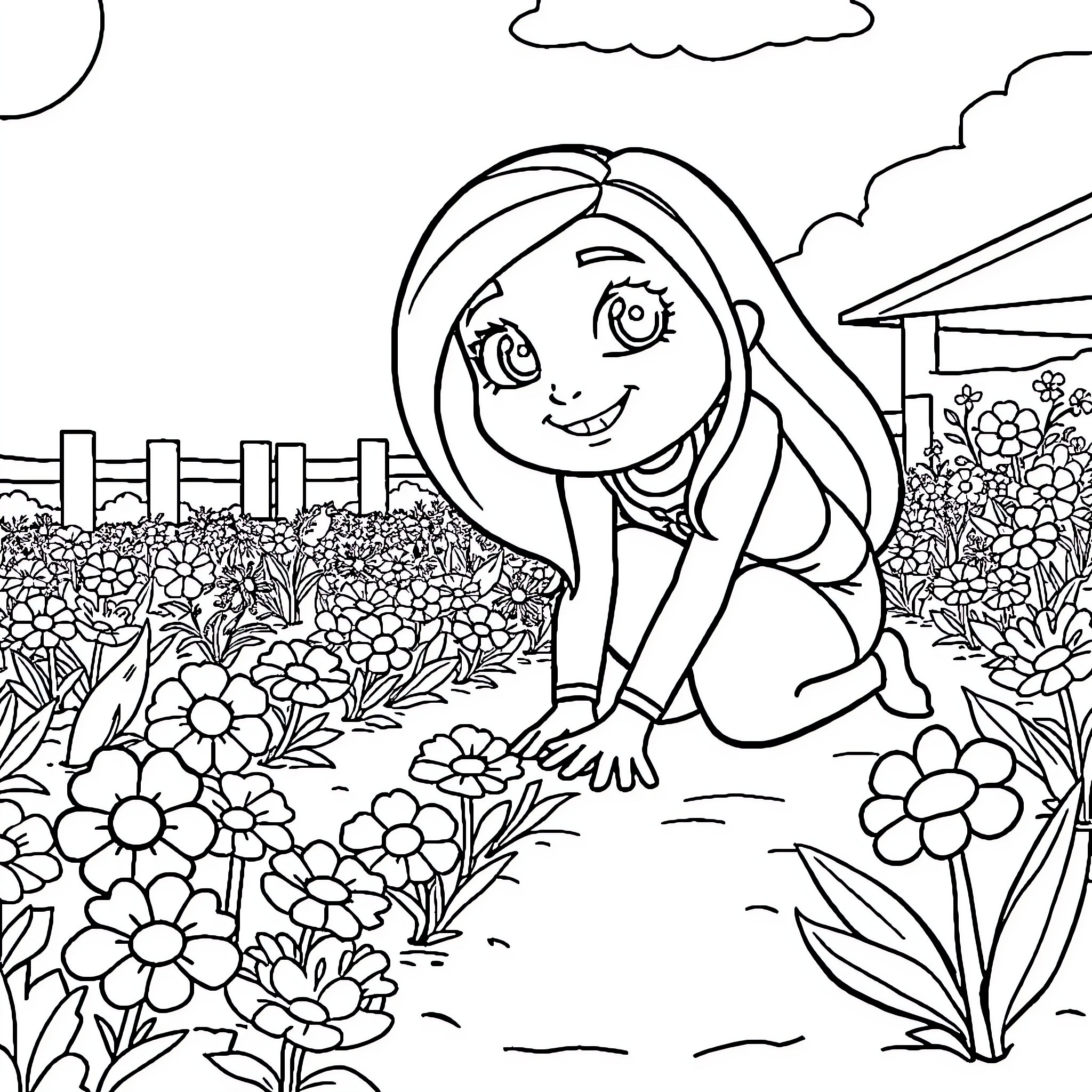 Kim Possible exploring the vibrant flower garden Coloring Page (free black-and-white line drawing printable PDF for all, from beginners to advanced learners, including children, teens, adults, and seniors)