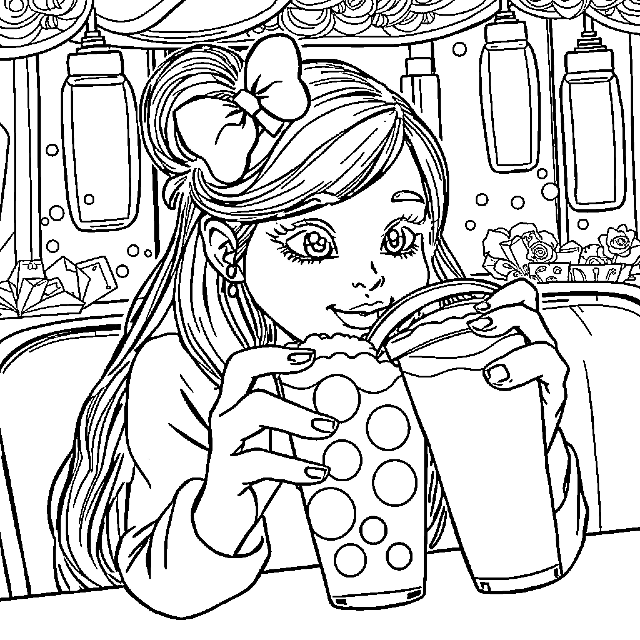 Sabrina Carpenter in artistic coloring scene Coloring Page (free black-and-white line drawing printable PDF for all, from beginners to advanced learners, including children, teens, adults, and seniors)