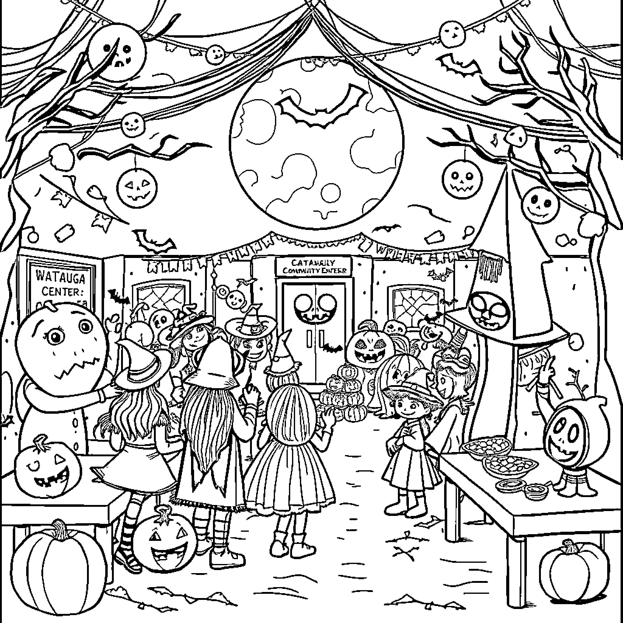 Halloween Night at the Carnival Coloring Page (free black-and-white line drawing printable PDF for all, from beginners to advanced learners, including children, teens, adults, and seniors)
