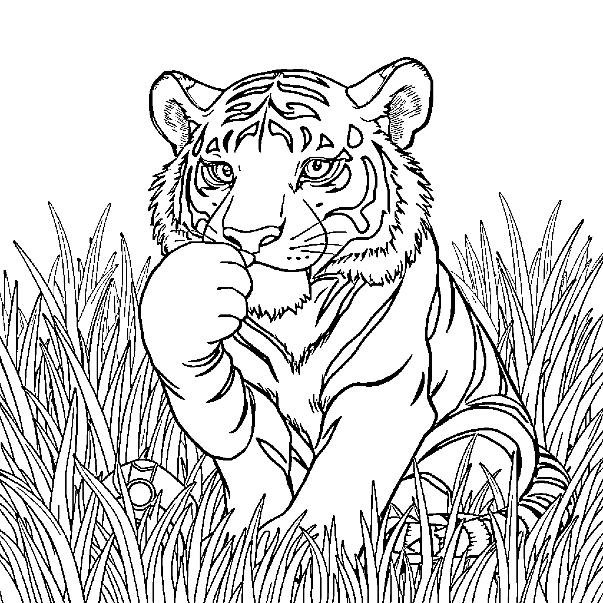 Tiger resting in tall grass Coloring Page (free black-and-white line drawing printable PDF for all, from beginners to advanced learners, including children, teens, adults, and seniors)