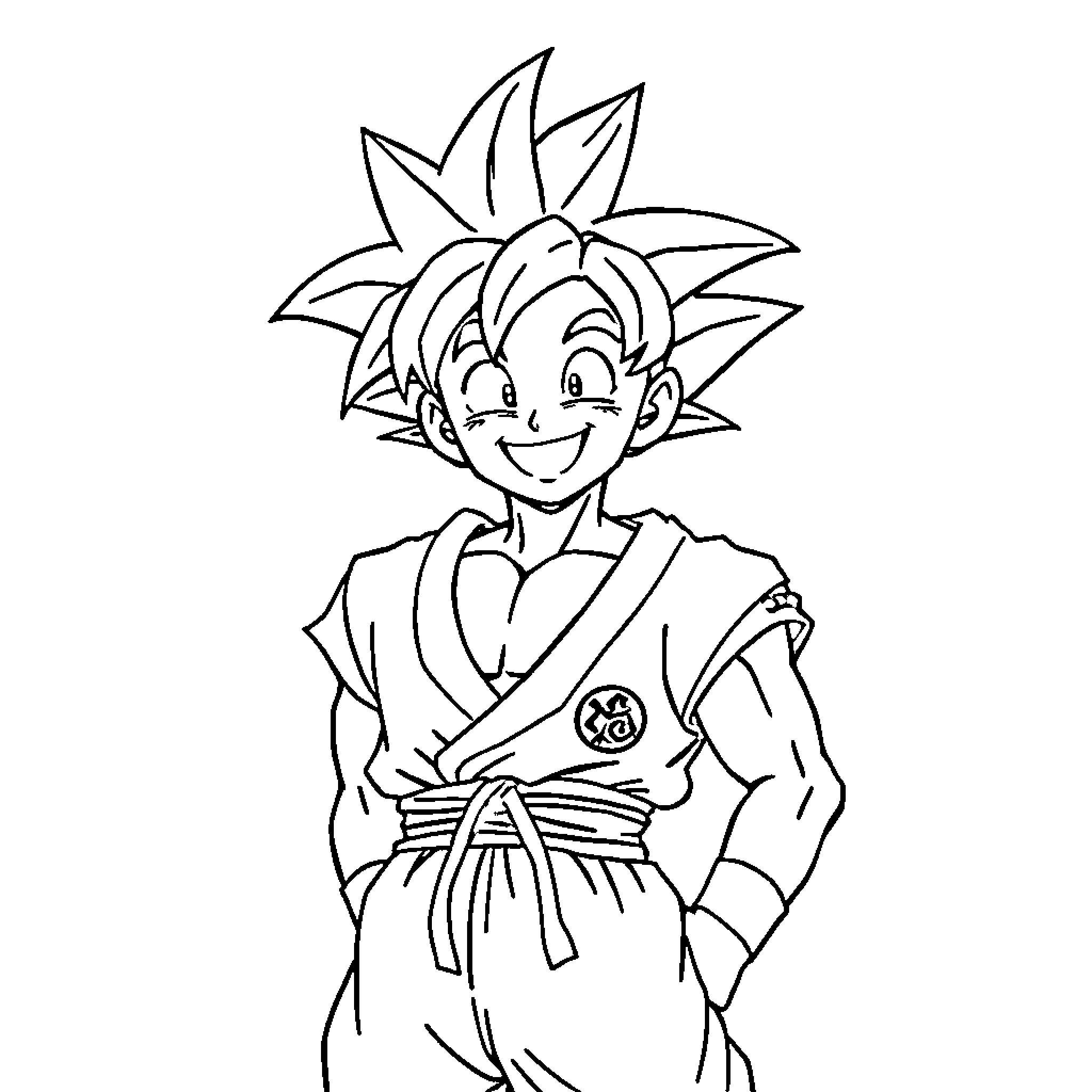 Son Goku smiling in traditional martial arts outfit Coloring Page (free black-and-white line drawing printable PDF for all, from beginners to advanced learners, including children, teens, adults, and seniors)