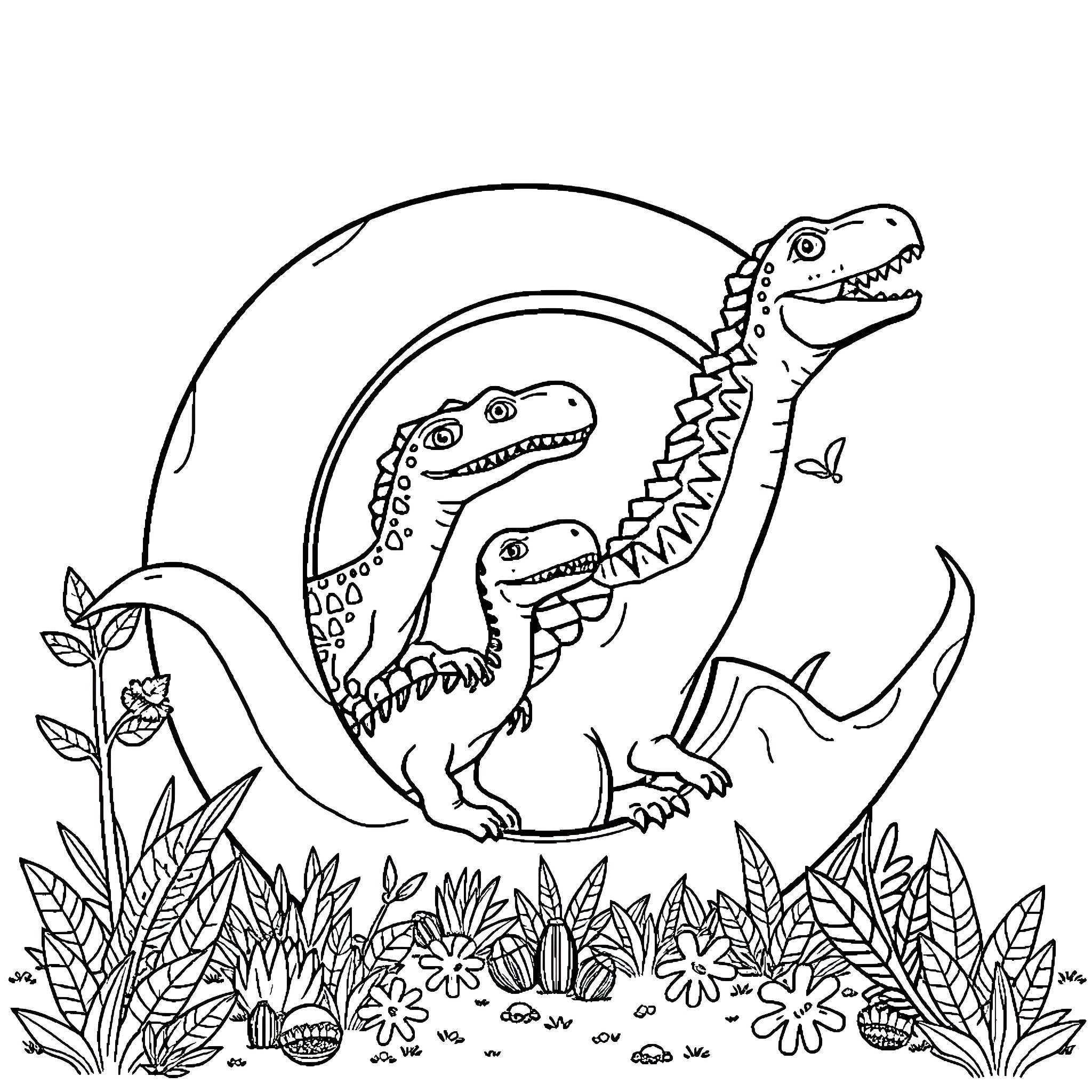 Cheerful Dinosaurs Frolicking in Lush Foliage Coloring Page (free black-and-white line drawing printable PDF for all, from beginners to advanced learners, including children, teens, adults, and seniors)