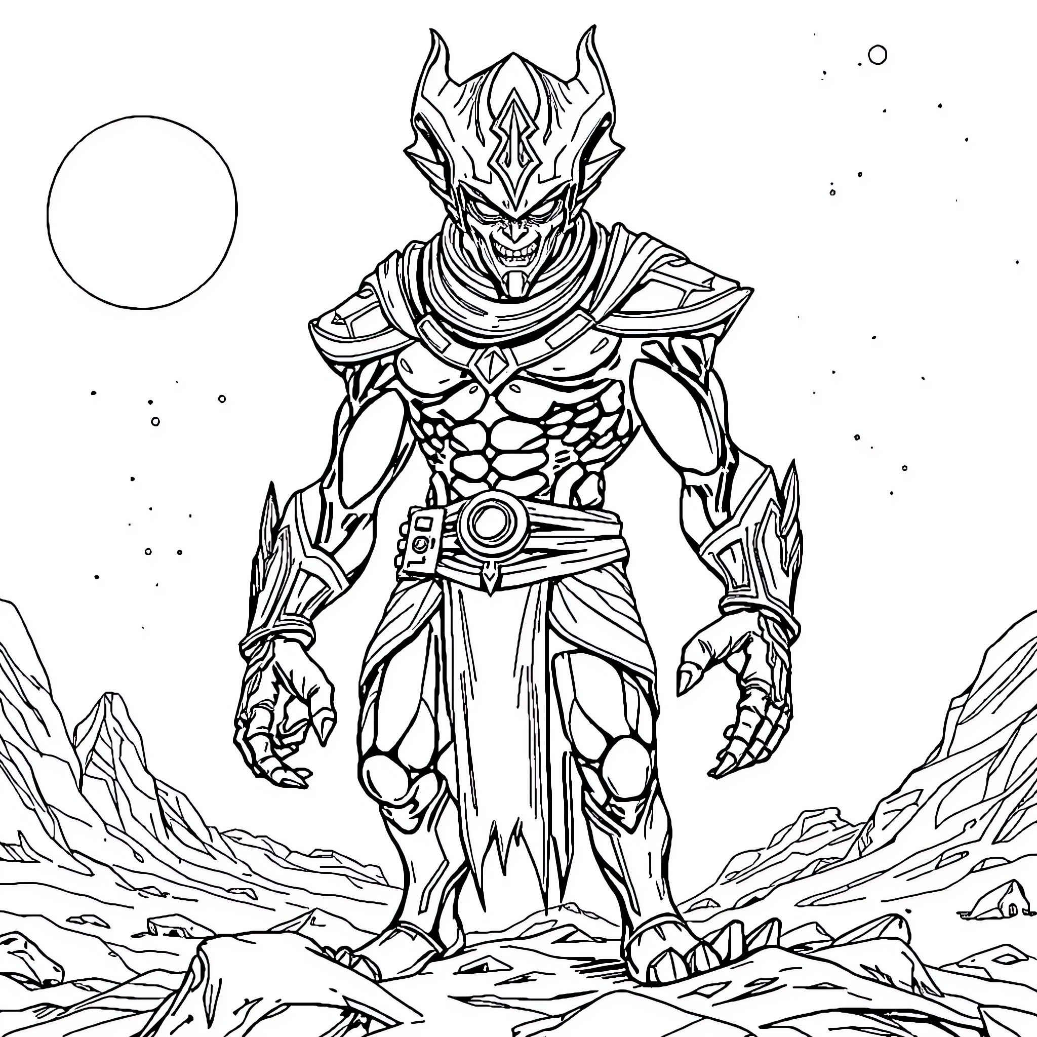 Utramen in Heroic Armor Stands Tall Coloring Page (free black-and-white line drawing printable PDF for all, from beginners to advanced learners, including children, teens, adults, and seniors)