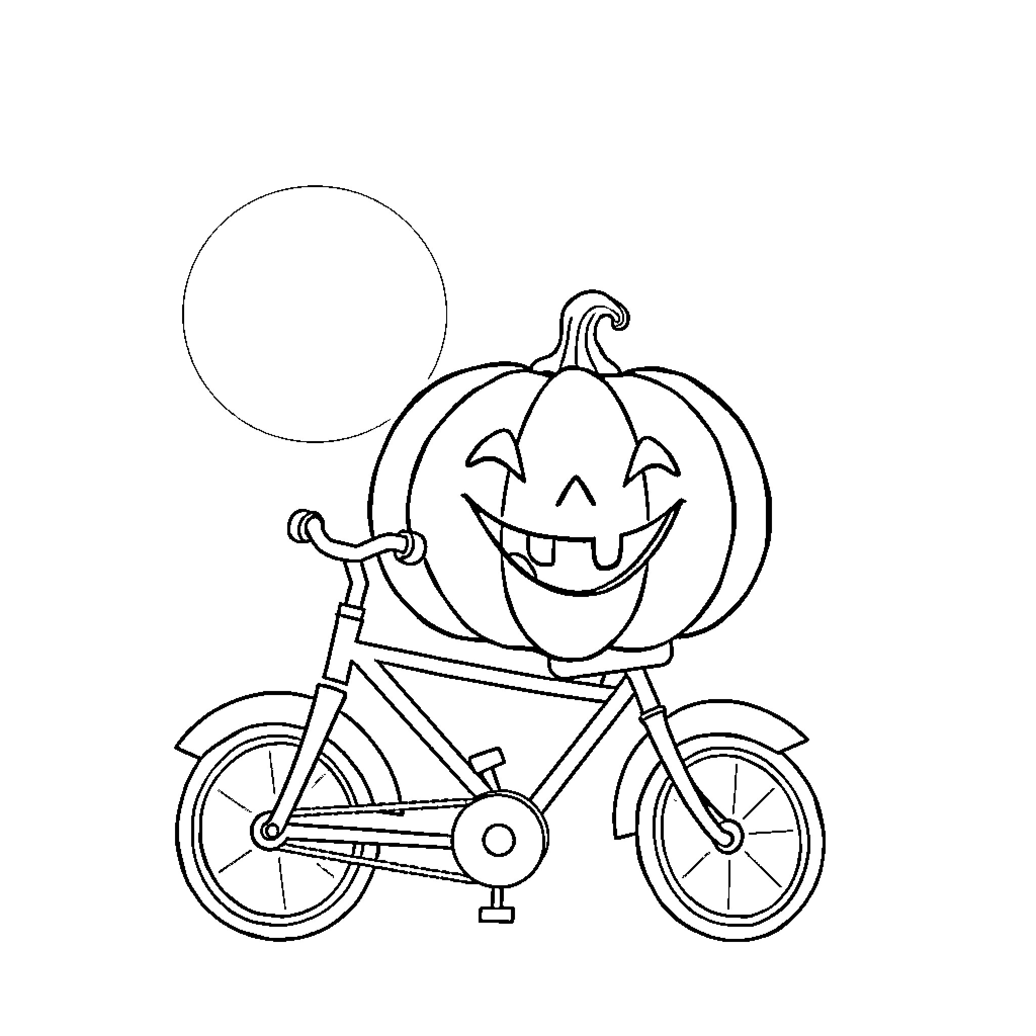 Pumpkin riding a bicycle with a balloon Coloring Page (free black-and-white line drawing printable PDF for all, from beginners to advanced learners, including children, teens, adults, and seniors)