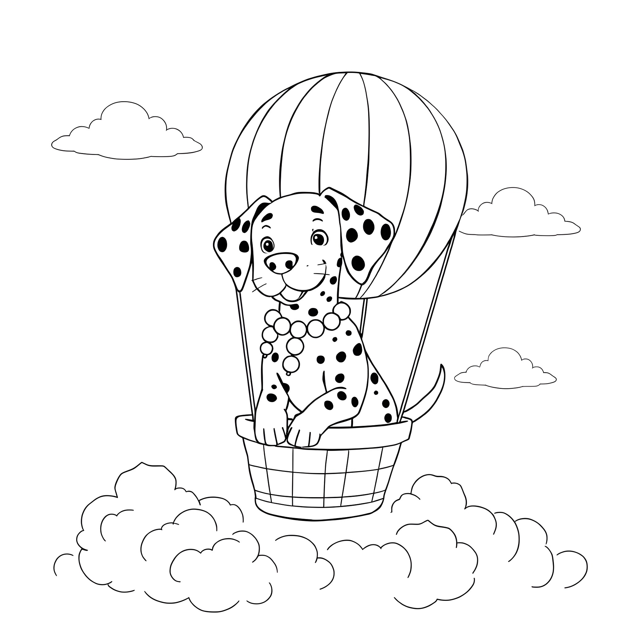 Dalmatian riding a hot air balloon in the clouds Coloring Page (free black-and-white line drawing printable PDF for all, from beginners to advanced learners, including children, teens, adults, and seniors)