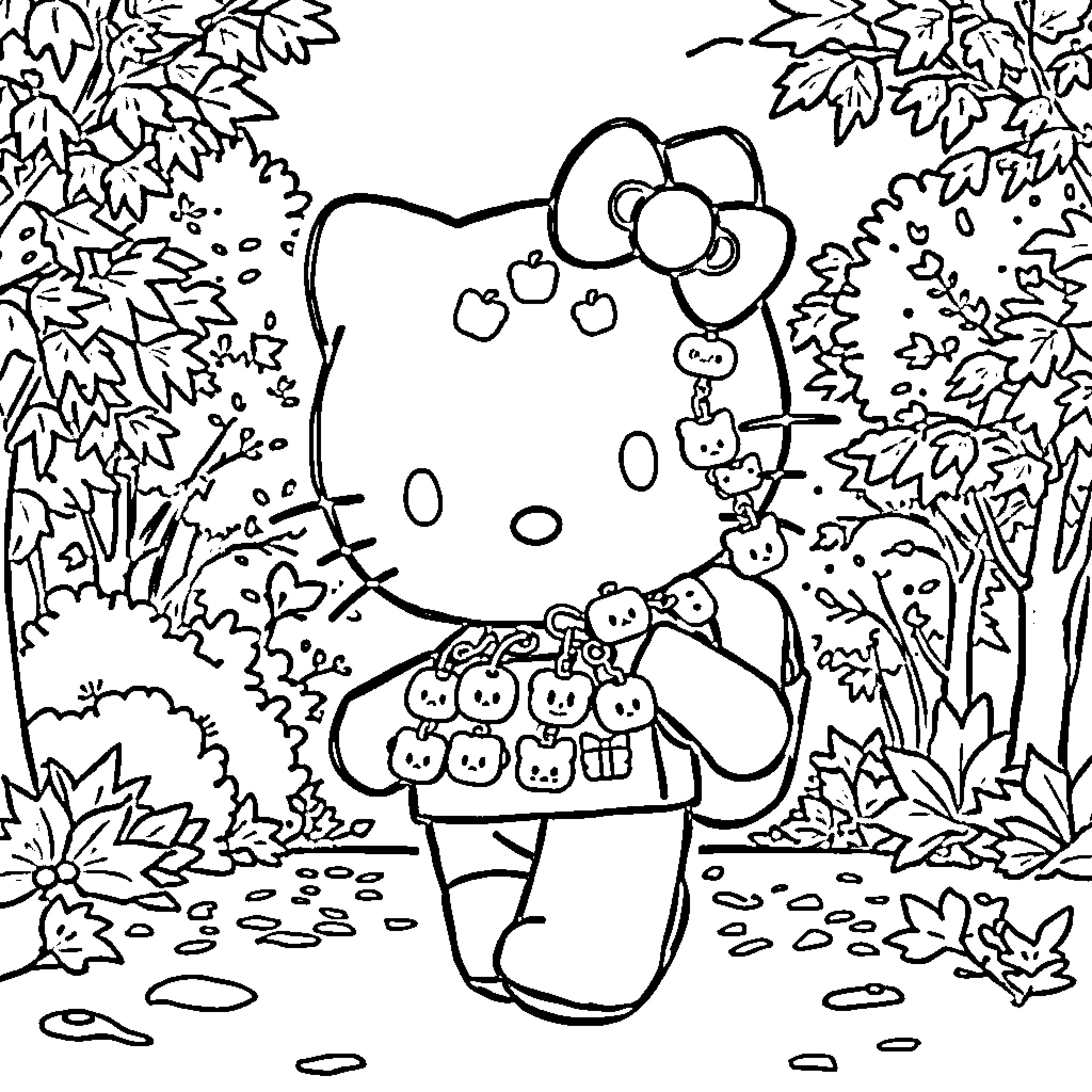 Hello Kitty picking apples in the forest Coloring Page (free black-and-white line drawing printable PDF for all, from beginners to advanced learners, including children, teens, adults, and seniors)