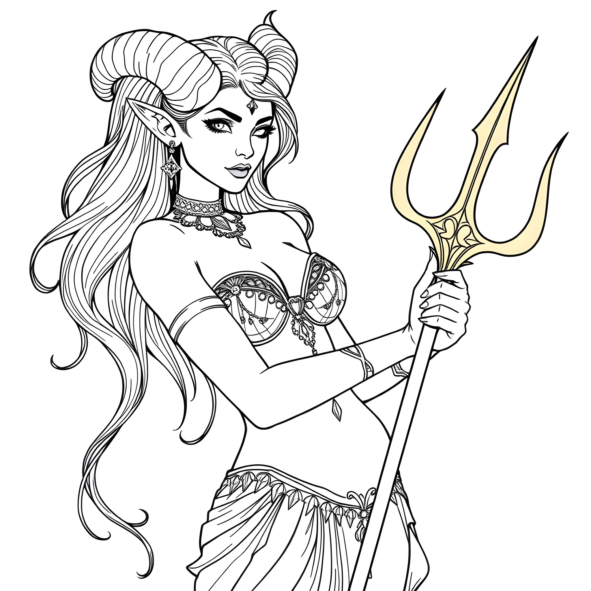 Tiefling warrior wielding a trident in battle stance Coloring Page (free black-and-white line drawing printable PDF for all, from beginners to advanced learners, including children, teens, adults, and seniors)