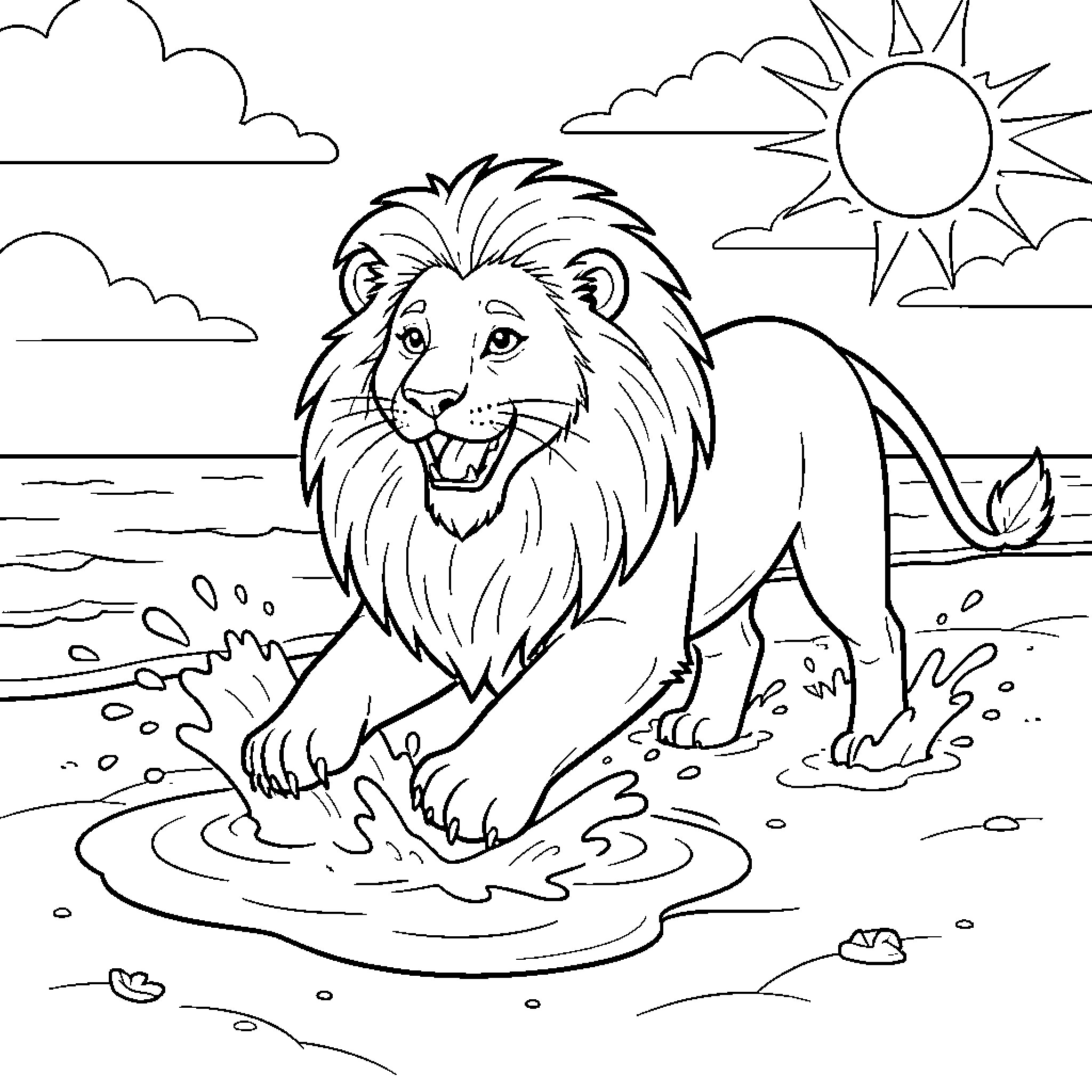 Lion playing in the sun and water Coloring Page (free black-and-white line drawing printable PDF for all, from beginners to advanced learners, including children, teens, adults, and seniors)
