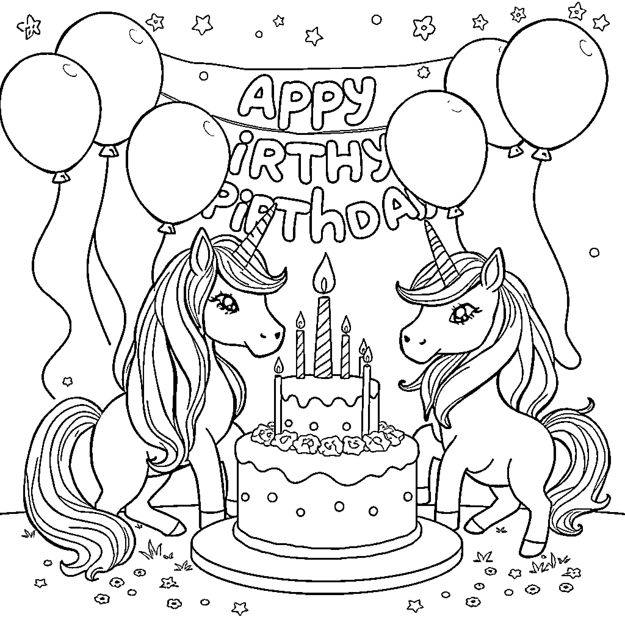 Unicorns celebrating a birthday with balloons and cake Coloring Page (free black-and-white line drawing printable PDF for all, from beginners to advanced learners, including children, teens, adults, and seniors)
