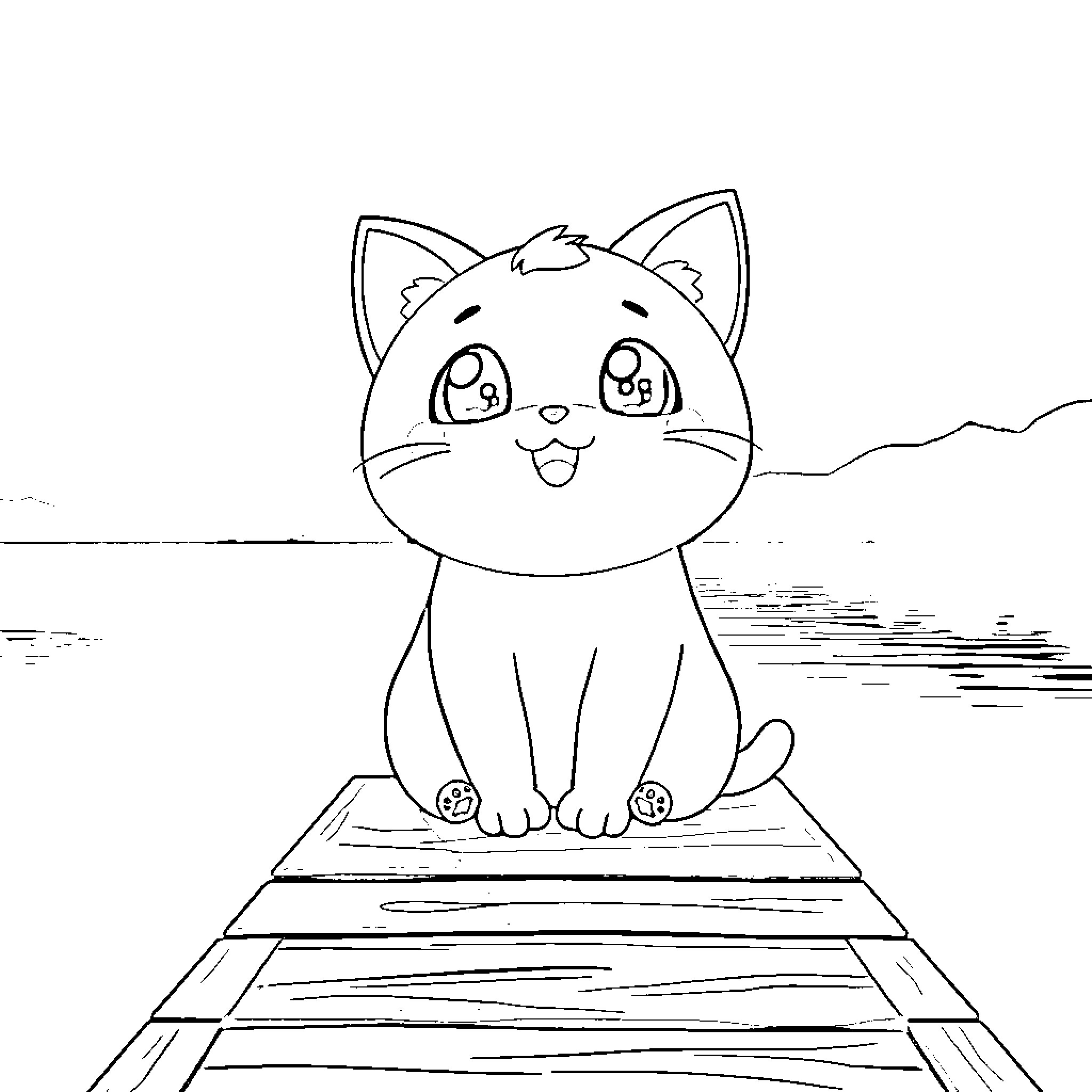 Cat sitting on a dock by the water Coloring Page (free black-and-white line drawing printable PDF for all, from beginners to advanced learners, including children, teens, adults, and seniors)