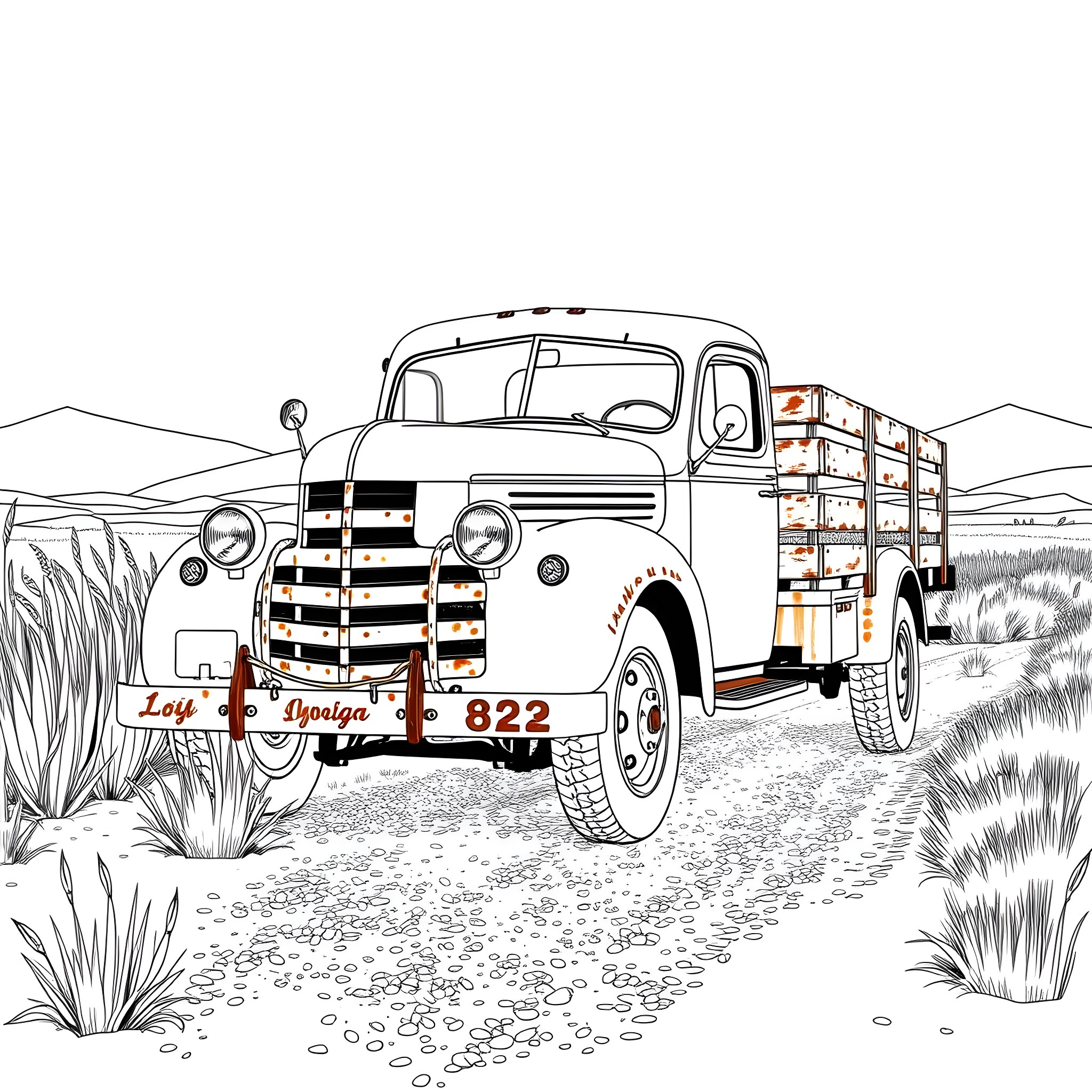 Truck Transporting Goods in Rural Landscape Coloring Page (free black-and-white line drawing printable PDF for all, from beginners to advanced learners, including children, teens, adults, and seniors)
