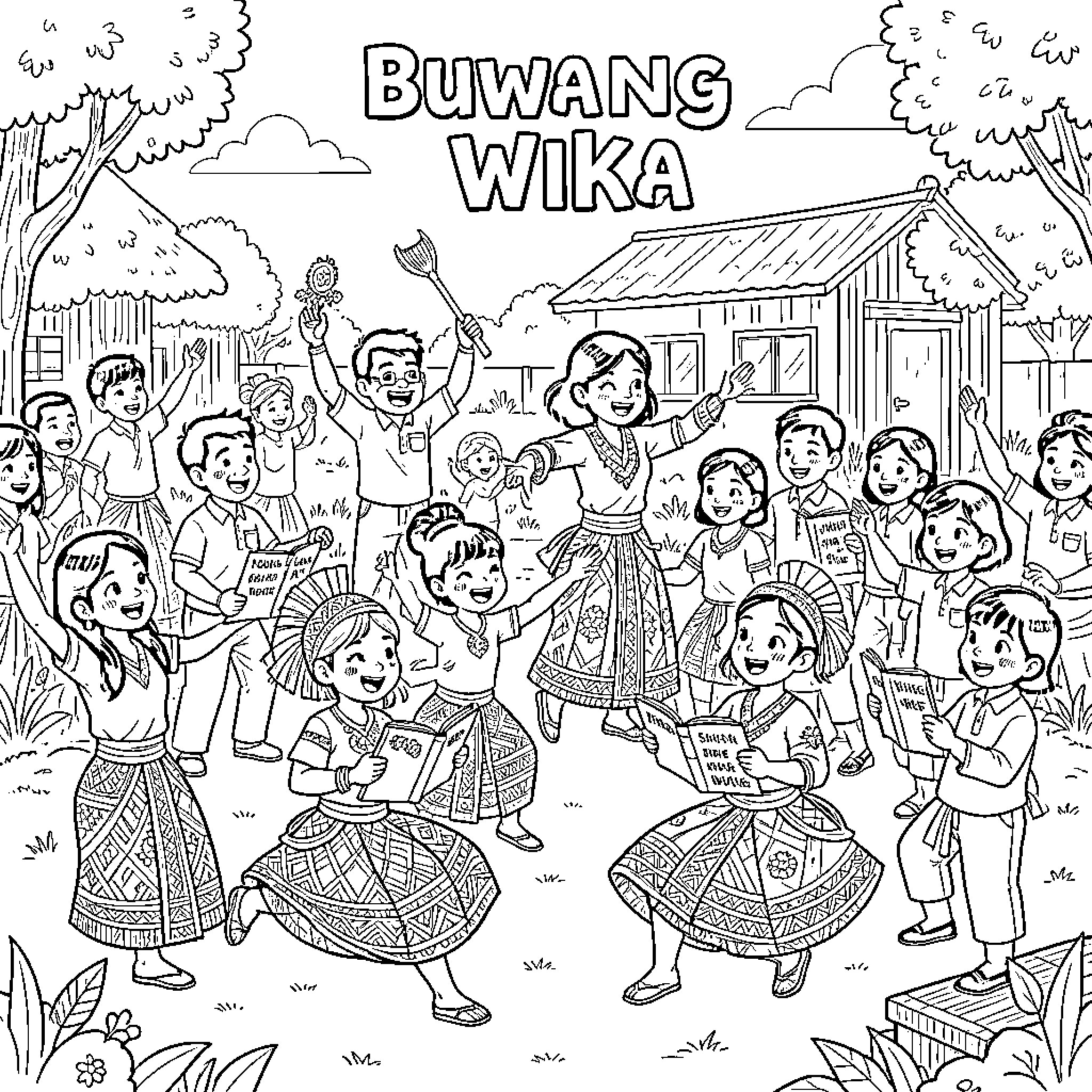 Buwan ng Wika celebrating with children in traditional costumes Coloring Page (free black-and-white line drawing printable PDF for all, from beginners to advanced learners, including children, teens, adults, and seniors)