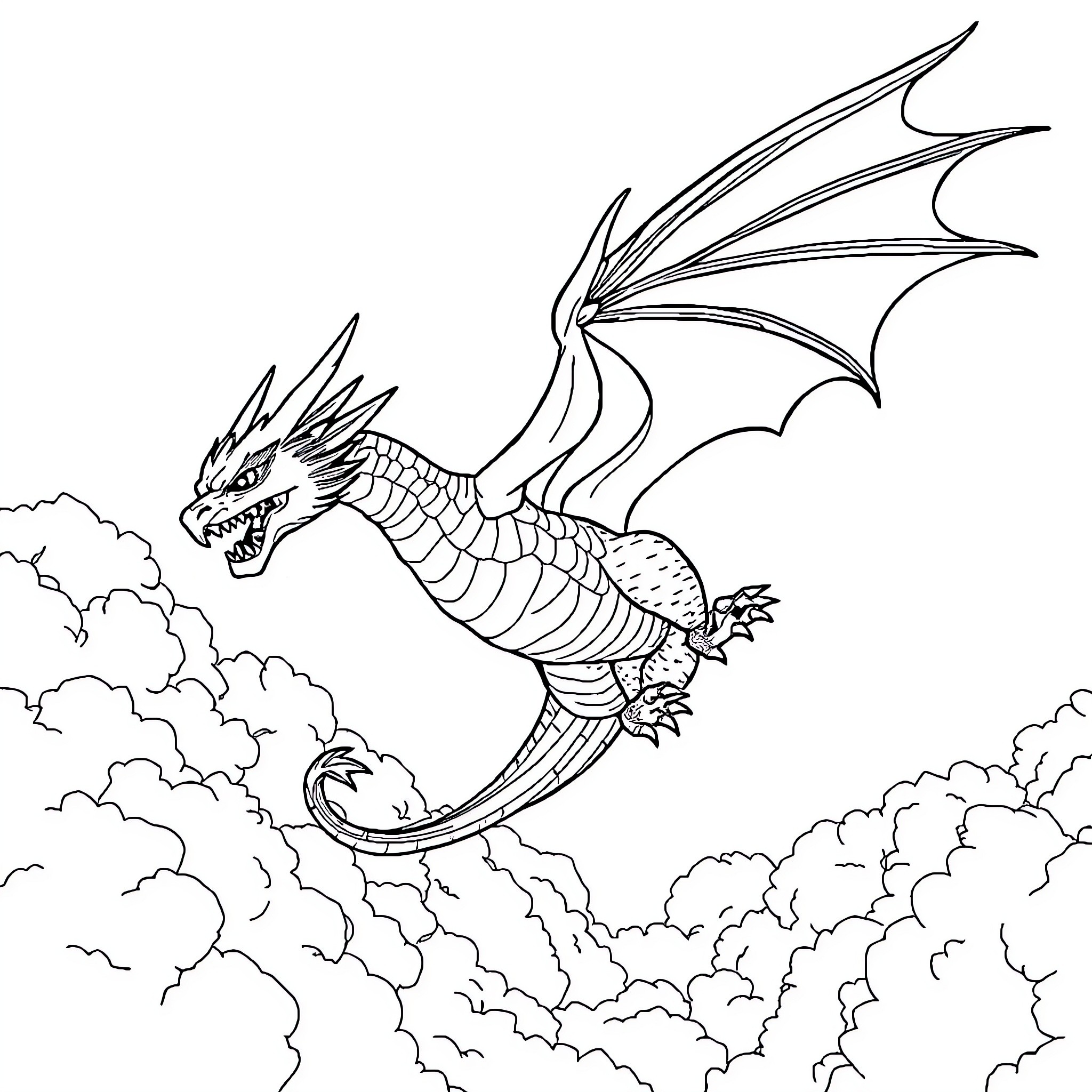 Dragon soaring amidst clouds Coloring Page (free black-and-white line drawing printable PDF for all, from beginners to advanced learners, including children, teens, adults, and seniors)