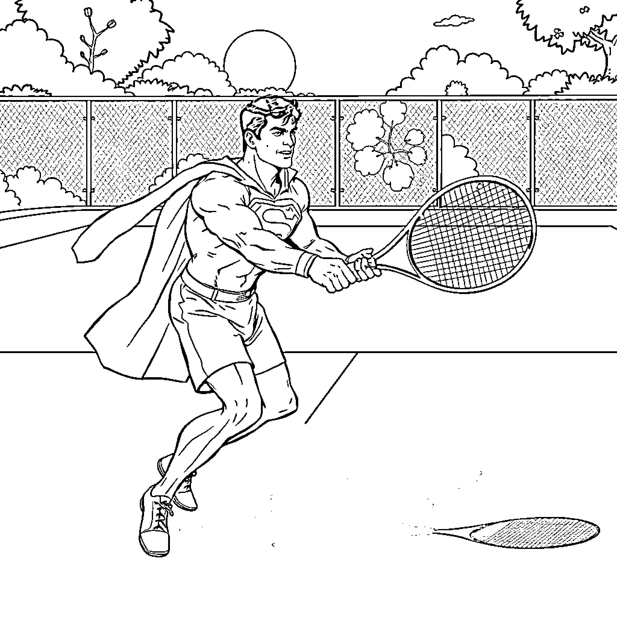 Superman Playing Tennis on a Sunny Afternoon Coloring Page (free black-and-white line drawing printable PDF for all, from beginners to advanced learners, including children, teens, adults, and seniors)